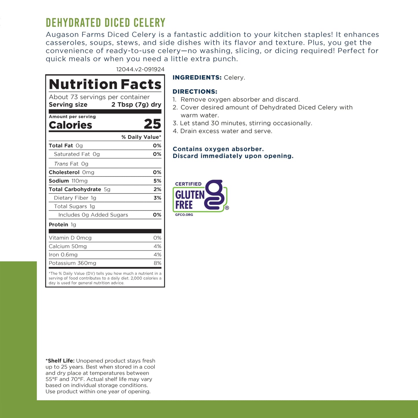 Augason Farms Dehydrated Cross Cut Celery Can, Emergency Food Supply, Everyday Meals, 36 Servings