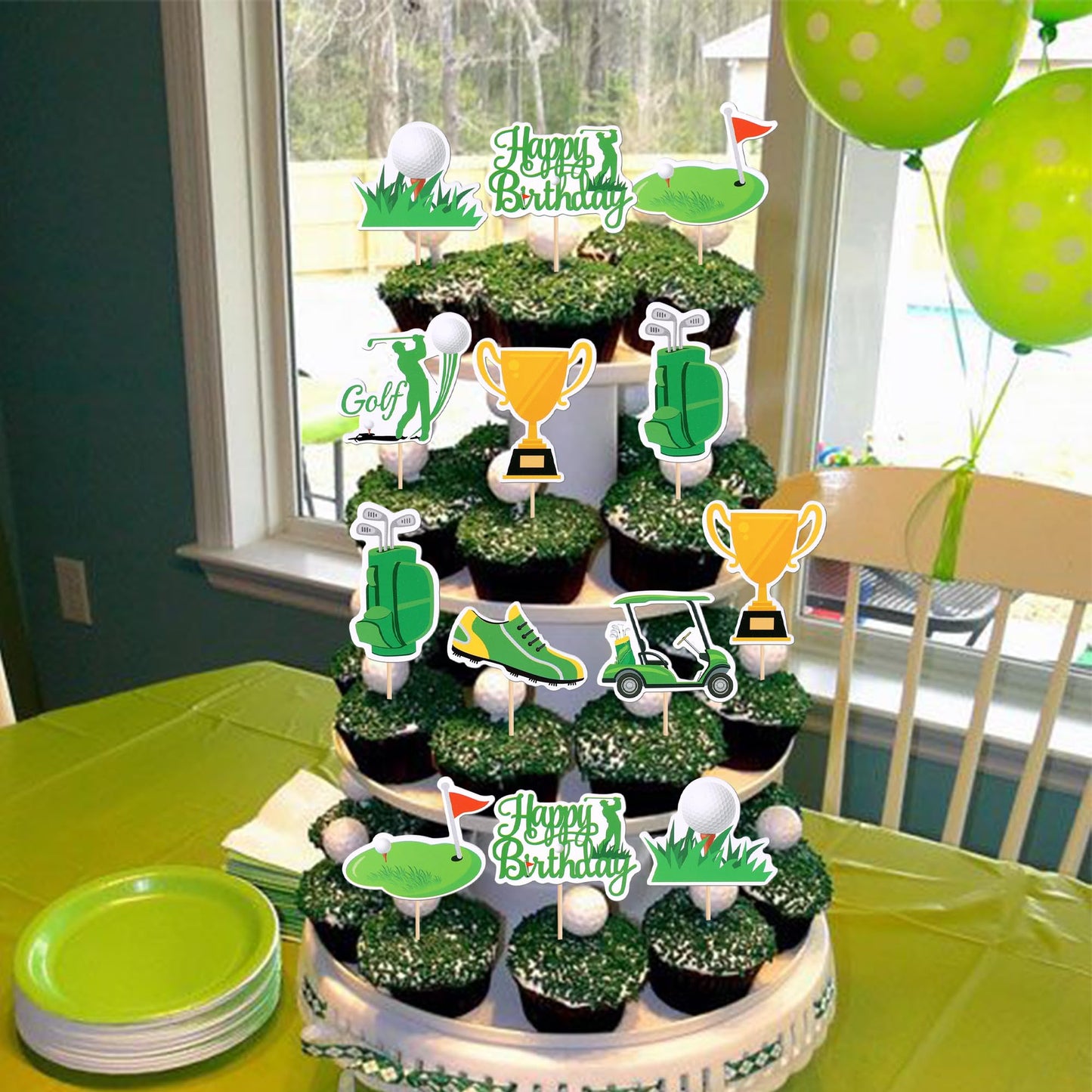 32 Pcs Golf Cupcake Toppers Trophy Lawn Golf Shoes Bag Ball Carts Cupcake Picks For Golf Sports Player Theme Baby Shower Kids Bi