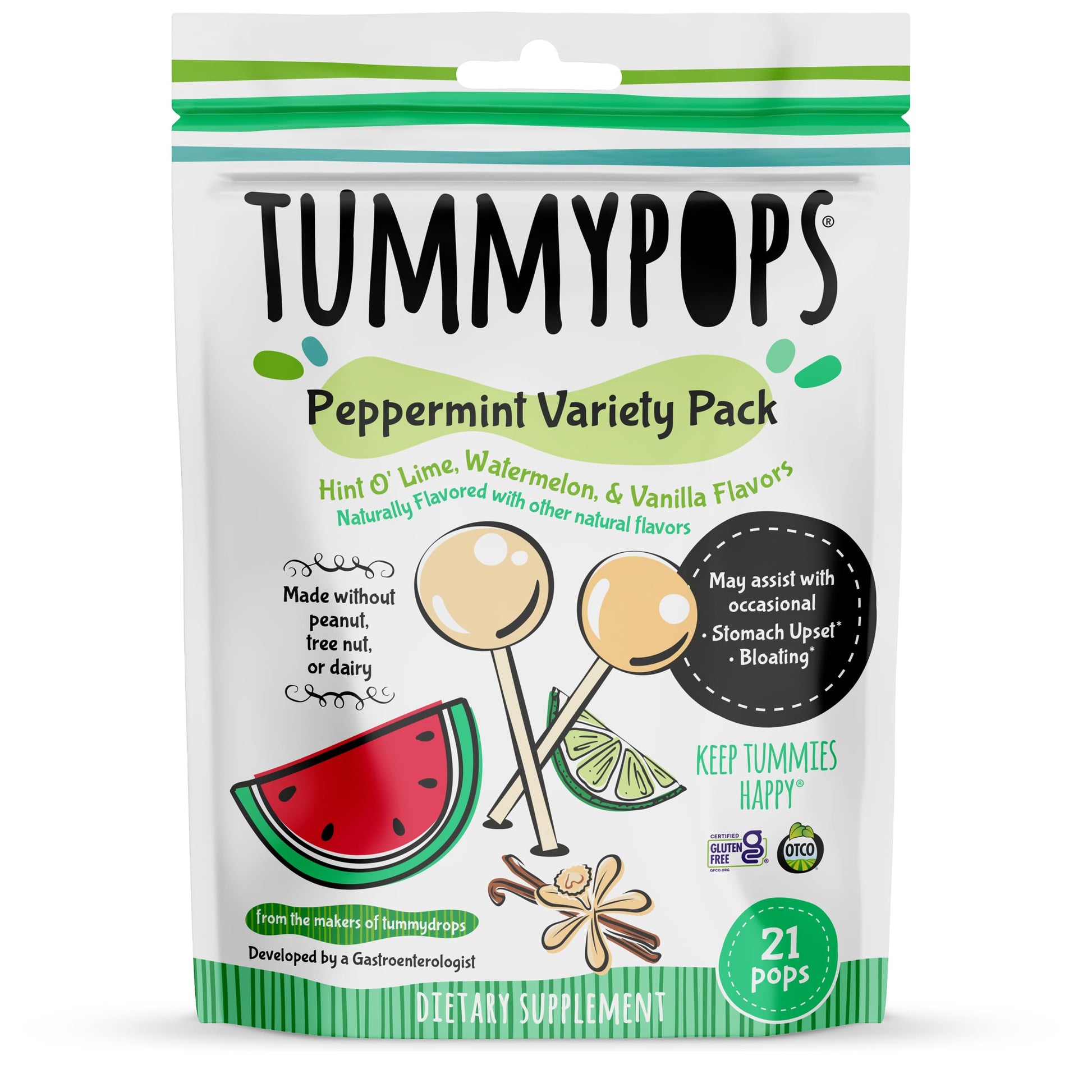 Tummypops Peppermint Variety Pack (Hint 'O Lime, Watermelon, & Vanilla Flavors), 21 Pops