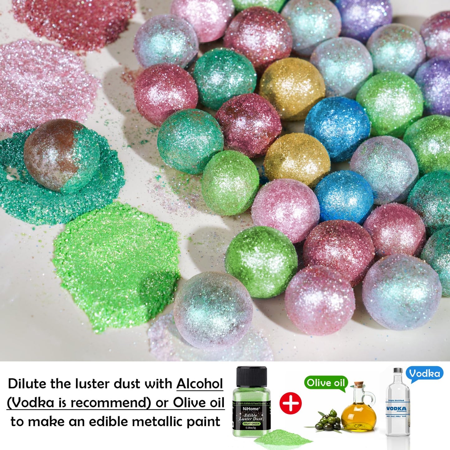 NiHome Edible Food-Grade Glimmer Powder Glitter Luster Dust Metallic Food Decorating Sprinkle Glimmery Dust for Drink Wine Beverage Cake Candy Dessert Bakery Restaurant Vegan (0.18oz/5g  Fruit Green)