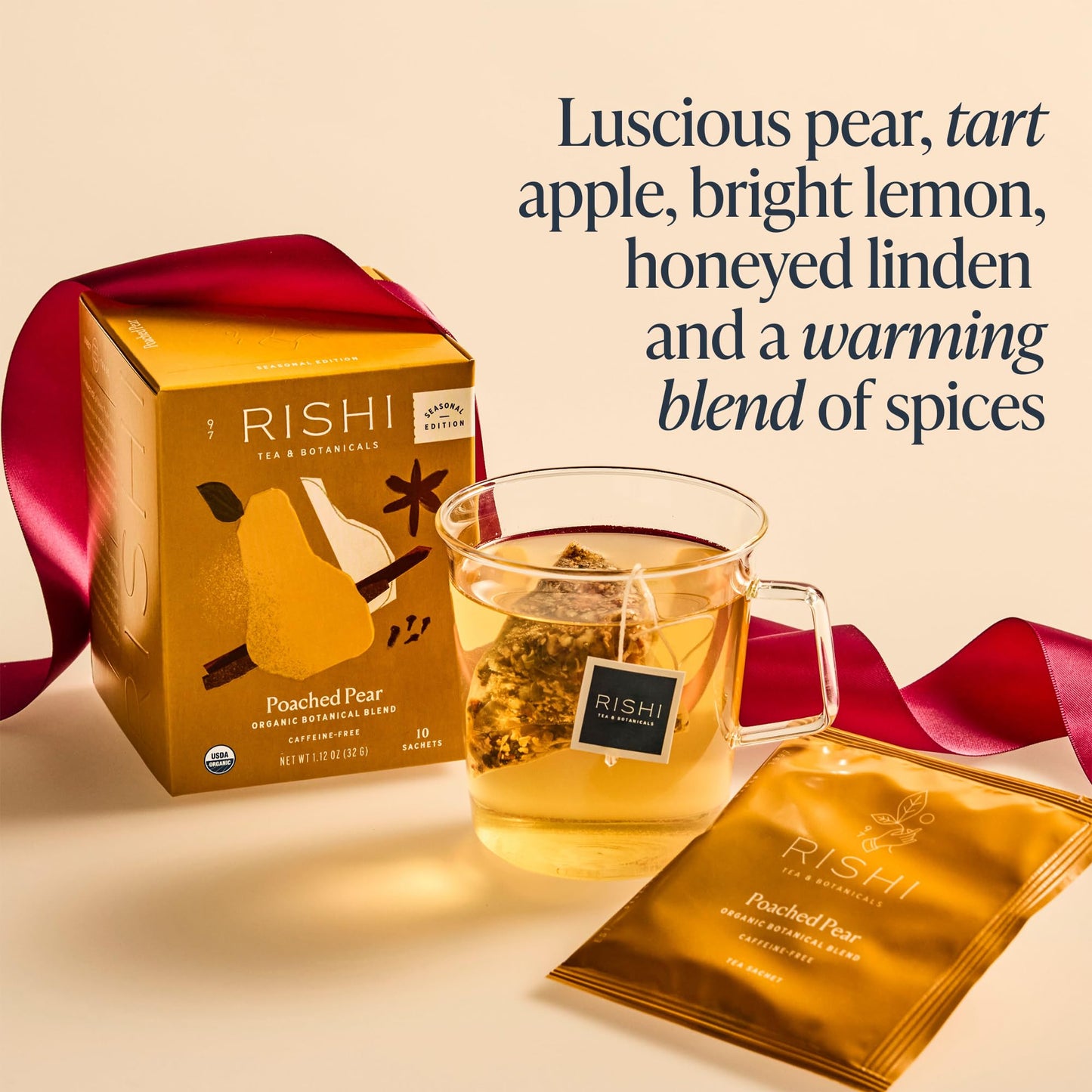 Rishi Tea Poached Pear Herbal Tea - Organic  Caffeine Free Sachet Bags  Warming & Naturally Fruity Botanical Blend - 15 Count (Pack of 1)