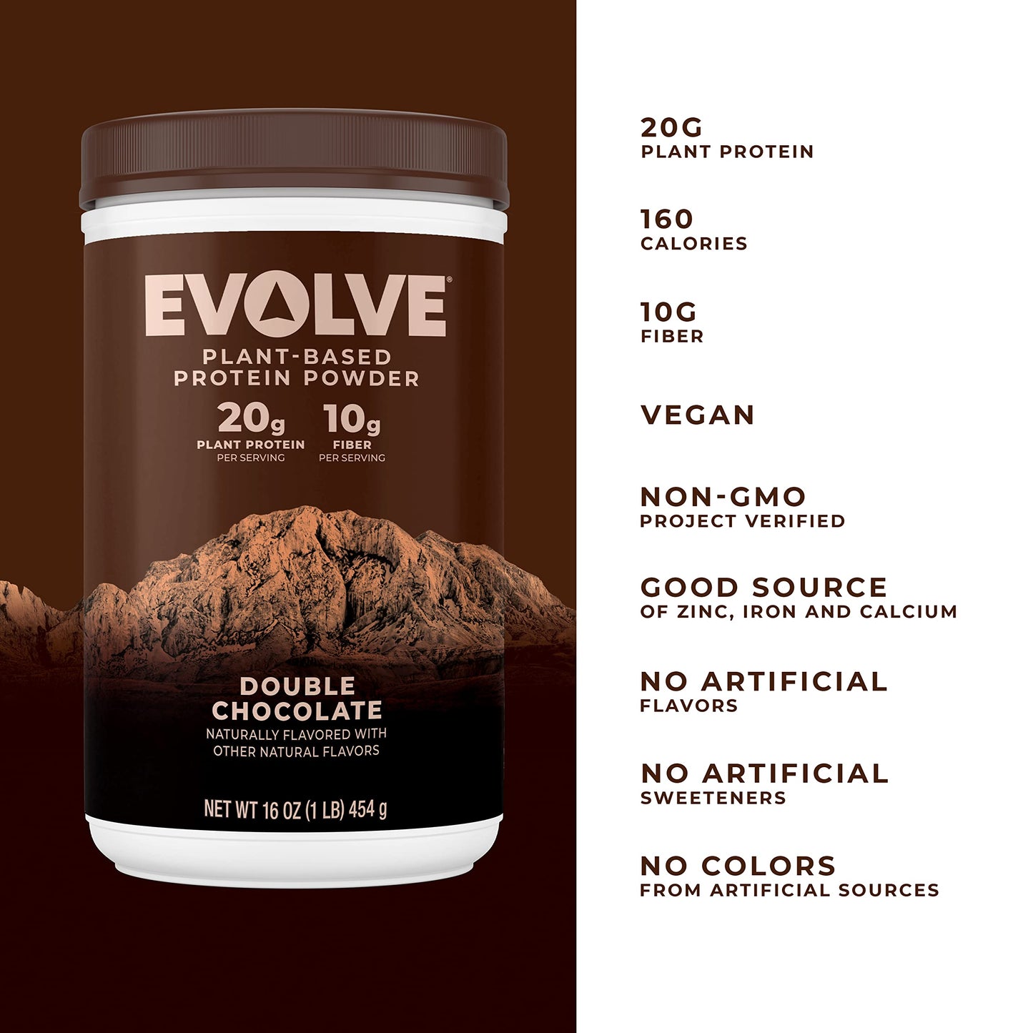 Evolve Plant Based Protein Powder, Double chocolate, 20g Vegan Protein, Dairy Free, No Artificial Flavors, Non-gMO, 3g Fiber, 1