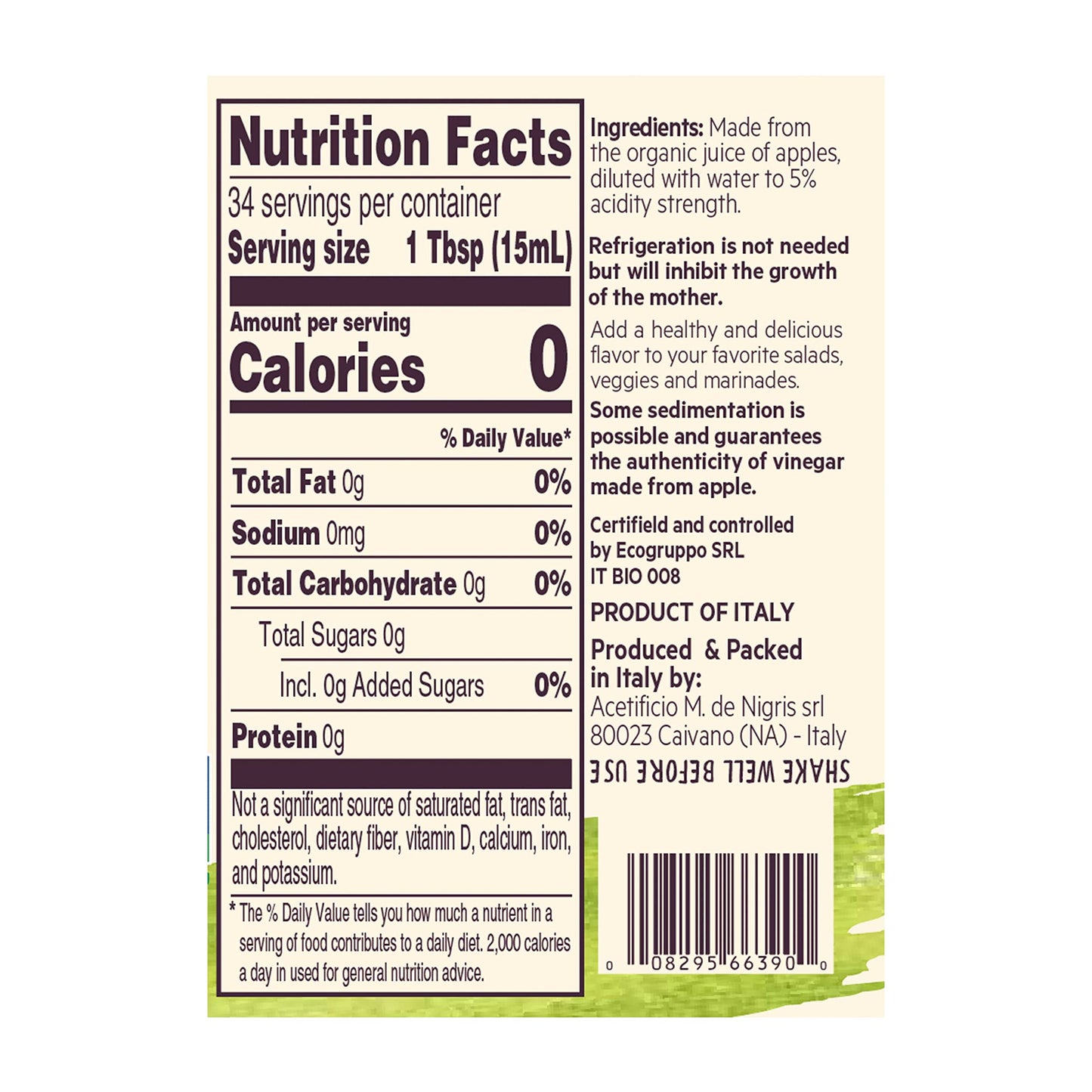 De Nigris Organic Apple Cider Vinegar Raw & Unfiltered, 16.9 Fl Oz (Pack of 2)