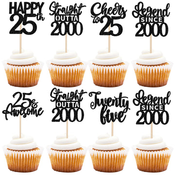 24PCS Black Happy 25th Birthday Cupcake Toppers Twenty Five Straight Outta 2000 Cupcake Picks Cheers to 25 Lengend Since 2000 Ca