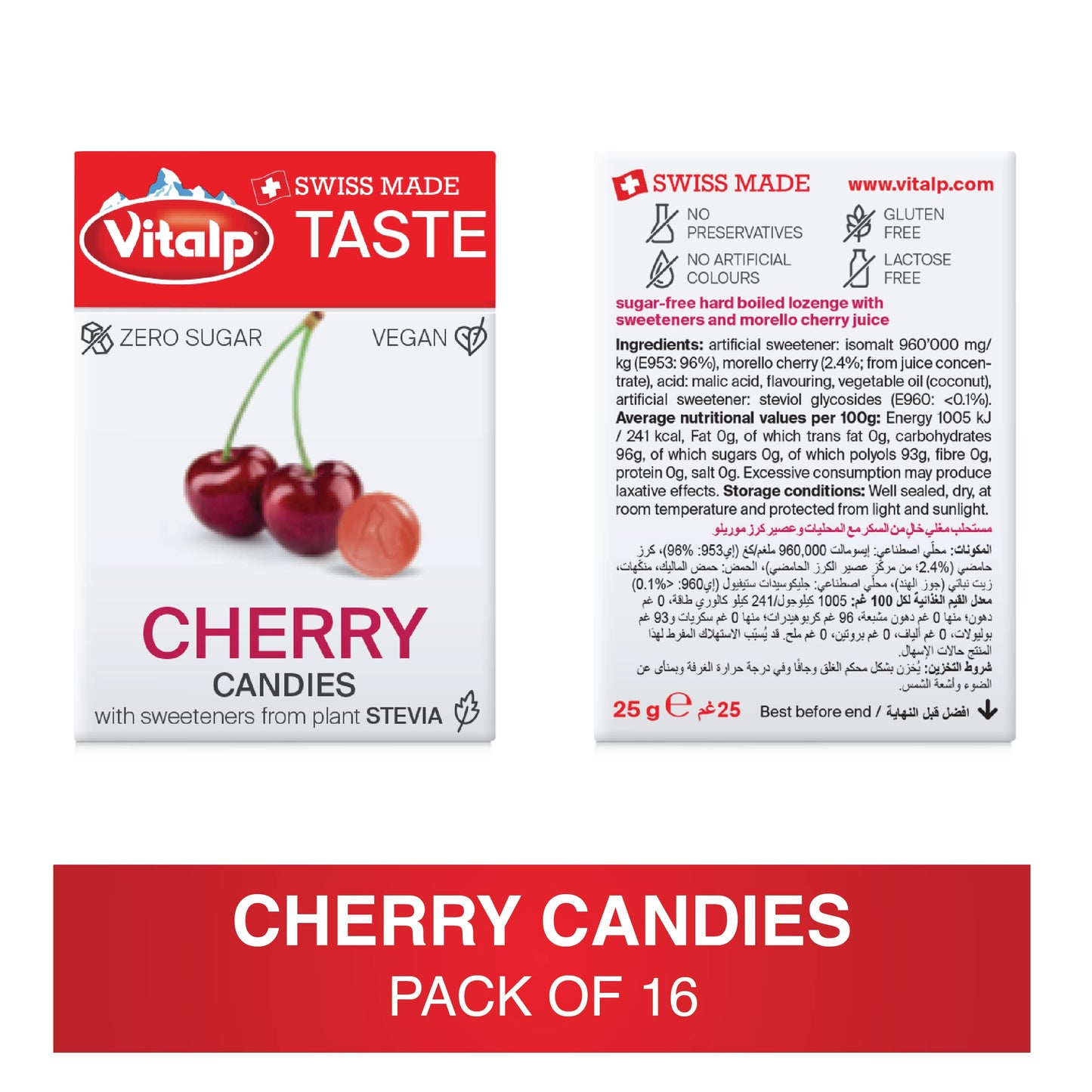 Vitalp Taste, Swiss Made, Sugar Free Candy With Stevia, Vegan, Cherry Flavor, 25G/0.88 Ounce Packs, 16 Boxes