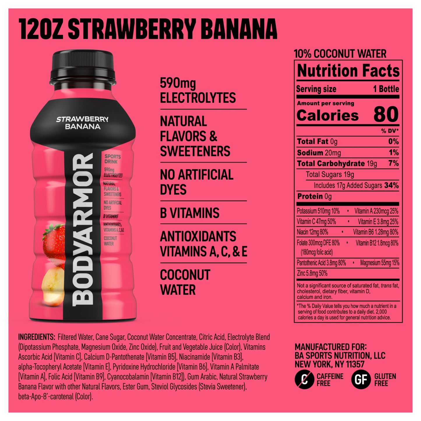 Bodyprotective Covering Sports Drink Sports Beverage, Strawberry Banana, Coconut Water Hydration, Natural Flavors With Vitamins, Potassium-Packed Electrolytes, Perfect For Athletes, 12 Fl Oz (Pack Of 8)