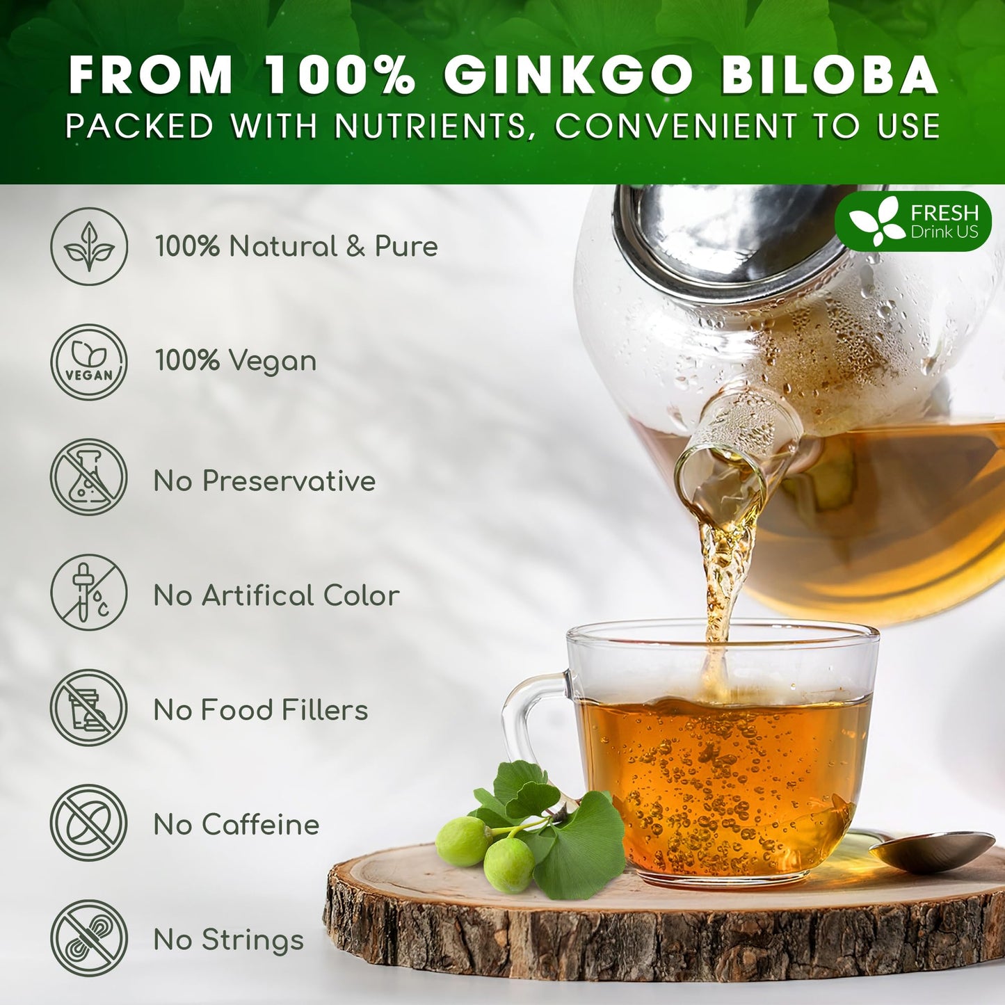 FRESHDRINKUS Ginkgo Biloba Leaf Tea Bags, 100% Natural Herbal Tea, 55 Tea Bags, Eco-Conscious, Vegan, No Sugar, No Caffeine