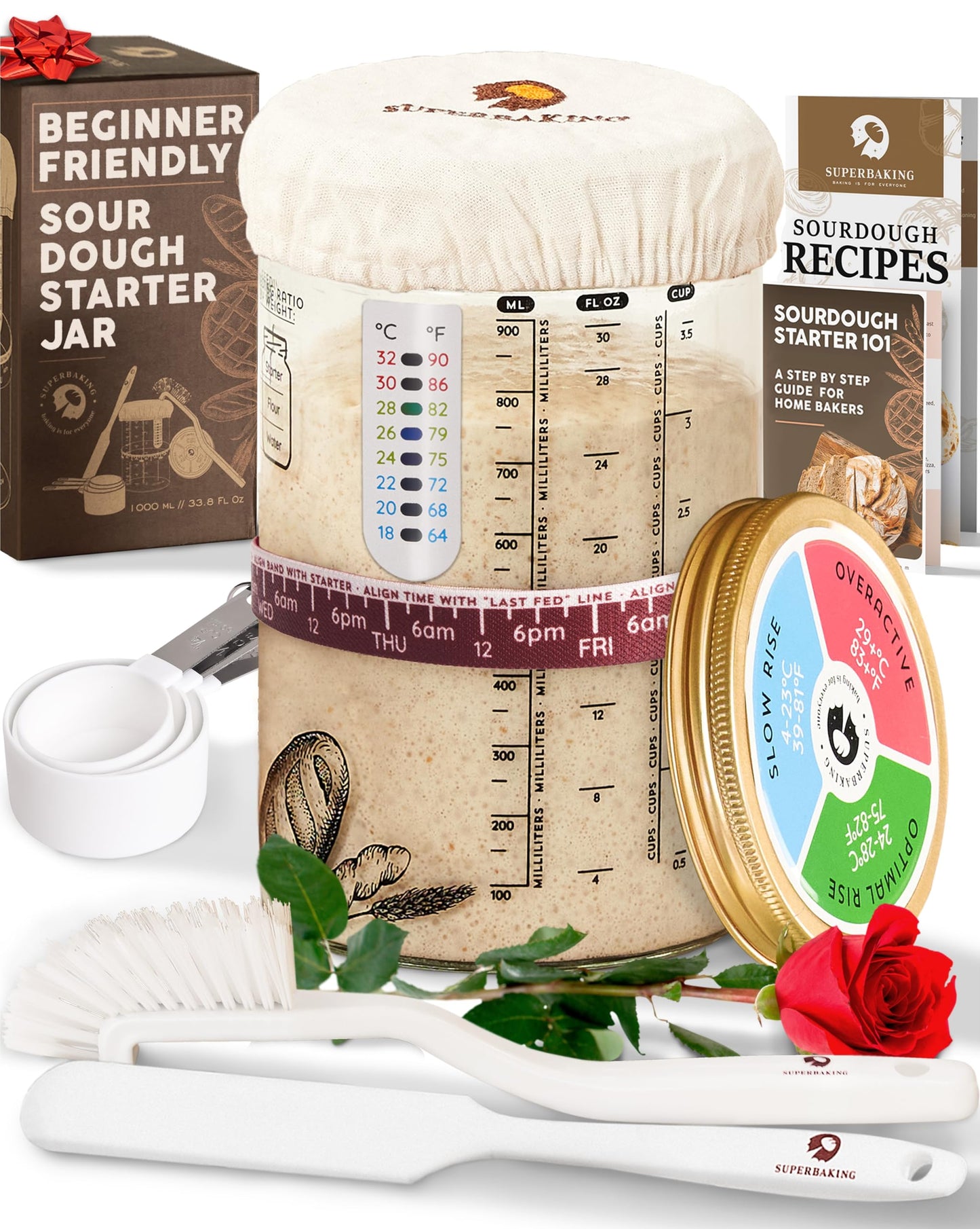 Superbaking Sourdough Starter Jar, Beginner Friendly Sourdough Starter Kit with 34oz Wide Mouth Glass Jar, Sour Dough Container 