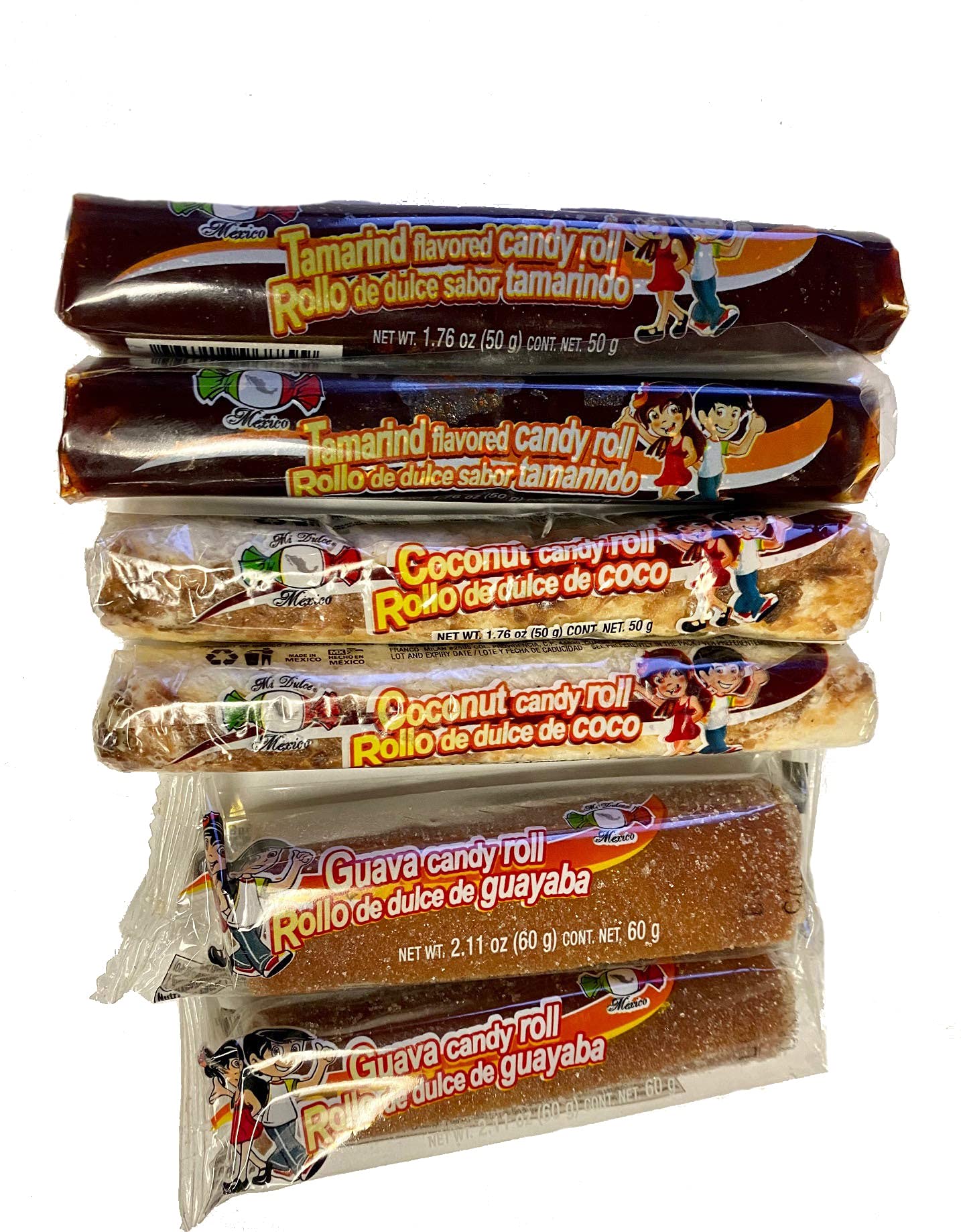 Mi Dulce Mexico Candy Roll Sampler 6 pcs Tamarind, Coconut,Guava 11.25oz