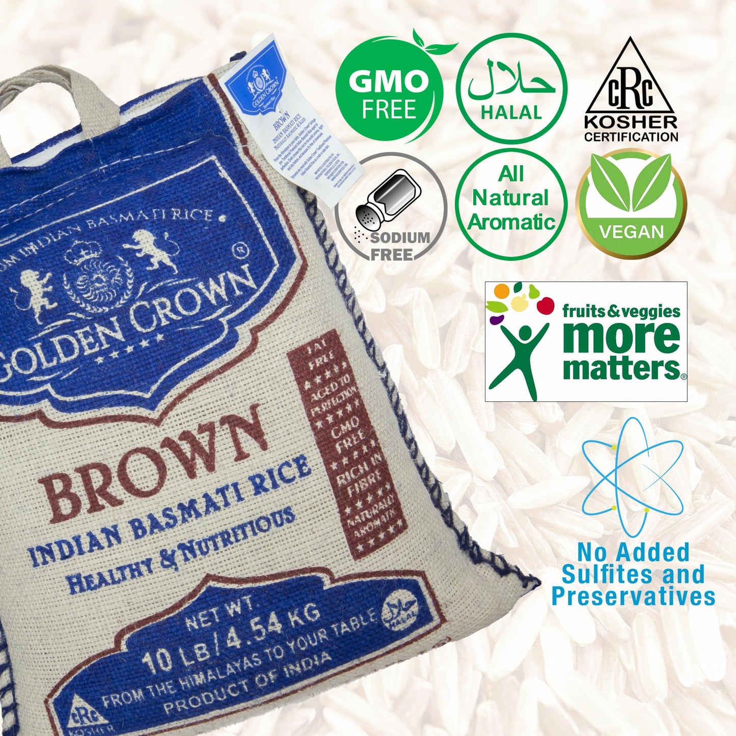 Golden Crown Brown Basmati Rice - Naturally Aged, Non-GMO, 160 oz (10LB) - Flavorful Whole Grains