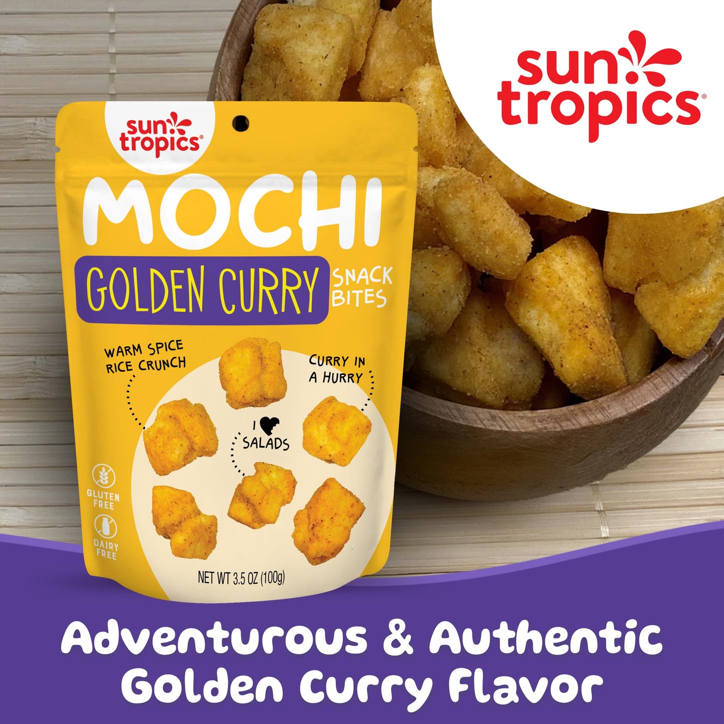 Sun Tropics Mochi Snack Bites, Golden Curry Flavor- 3.5 Oz (6 Pack) | Crispy Crunchy Mochi Bites, Rice Nuggets | Mochi Puff Rice