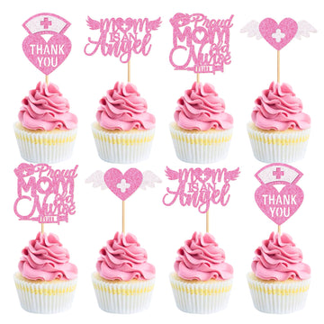 Ercadio 24Pcs Nurse Cupcake Toppers Nursing School Graduation Cupcake Picks Thank You Mom is An Angee for Medical Nurse Themed B