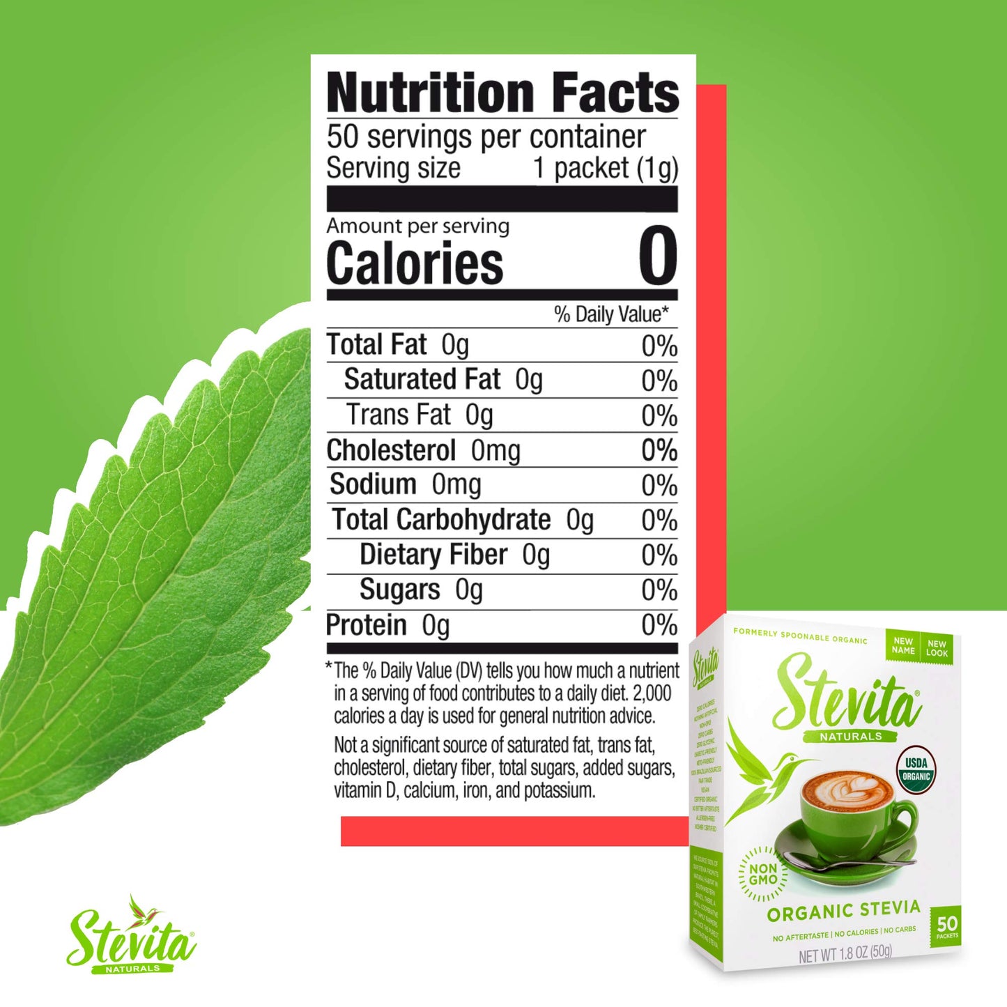 Stevita Organic Stevia - 50 Packets - Stevia & Erythritol All-Natural Sweetener, No Calories - USDA Organic, Non-GMO, Vegan, Ket