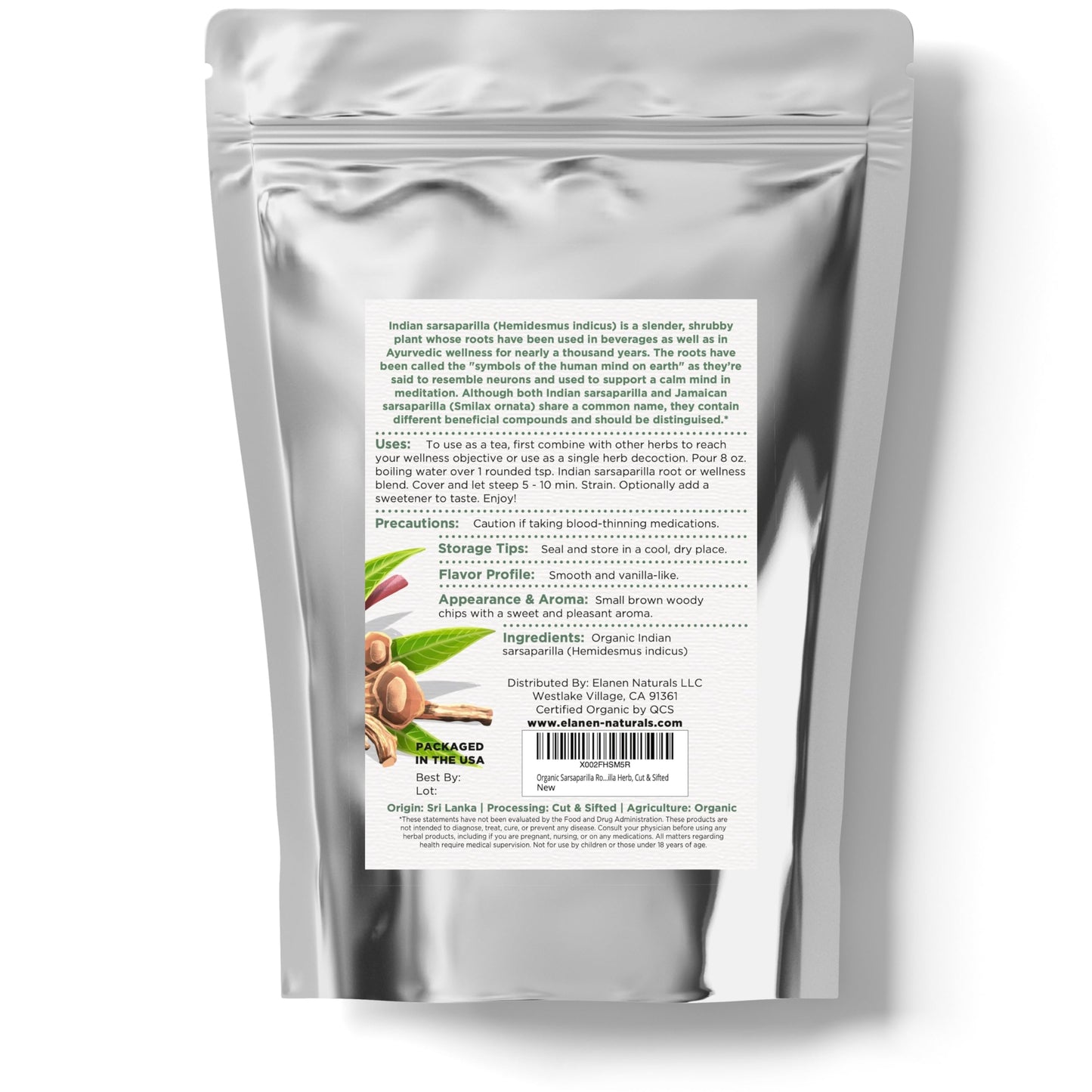 Elanen Naturals Organic Sarsaparilla Root, 1 lb (16 oz), USDA Certified Organic, Cut & Sifted
