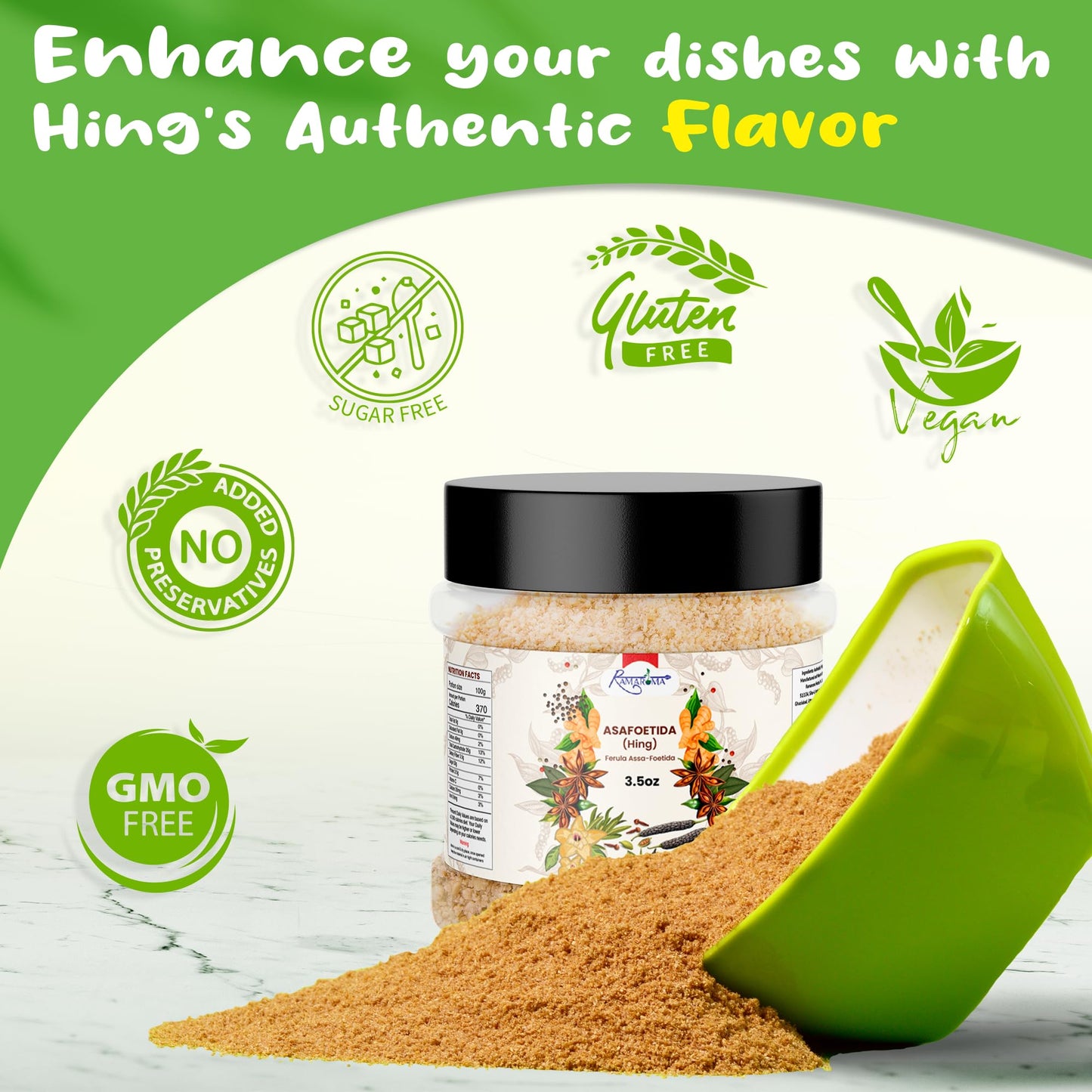 Ramaroma Asafetida (Hing) Ground Spice - Vegan, Non-GMO, 3.5oz (100g) - All Natural, Salt Free, Onion Garlic Substitute