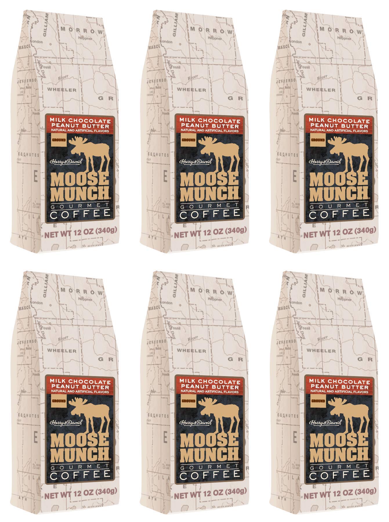 Moose Munch Gourmet Ground Coffee By Harry & David, 6/12 Oz Bags (Milk Chocolate Peanut Butter)