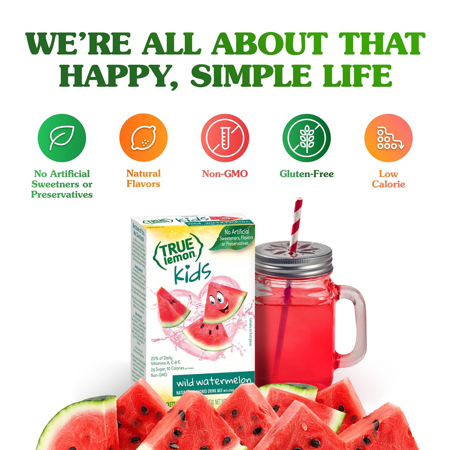 True Lemon Kids Wild Watermelon (10 Packets) - Hydration For Kids - No Preservatives, No Artificial Flavors & Sweeteners - Low Sugar Water Flavoring - Juice Powdered Drink Mix