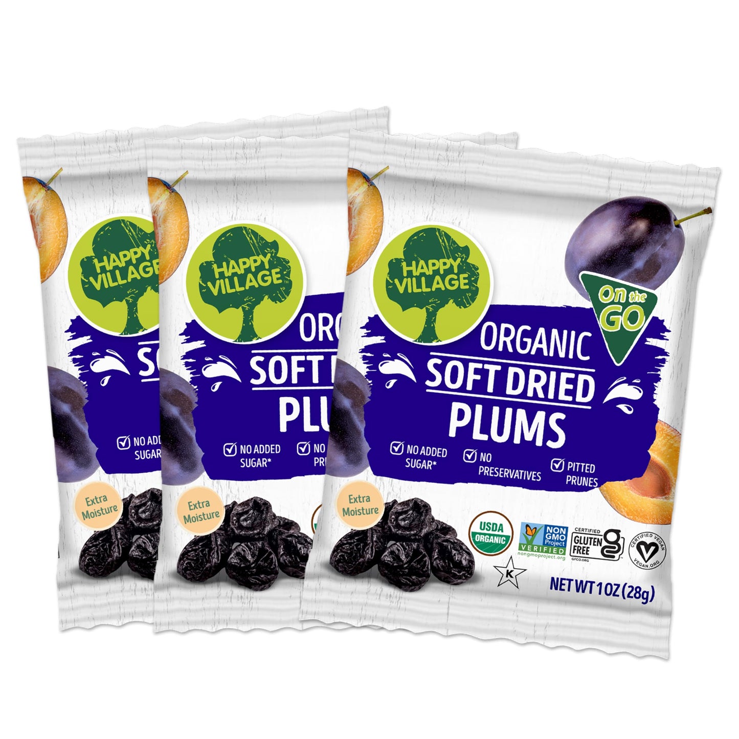 Happy Village Organic Soft Dried Prunes (Plums) On The Go - 3 Bags (15 Individual Portion Packs) | Organic, Non-Gmo, Gluten-Free