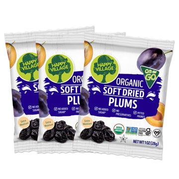 Happy Village Organic Soft Dried Prunes (Plums) On The Go - 3 Bags (15 Individual Portion Packs) | Organic, Non-Gmo, Gluten-Free