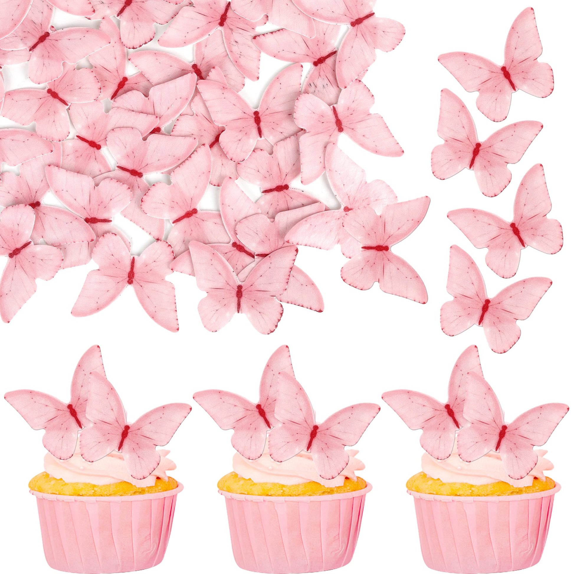 48 PCS Edible Butterfly Cupcake Toppers - Wafer Paper for Cake Decorating - Pink Butterfly Theme Baby Shower, Wedding, Birthday 