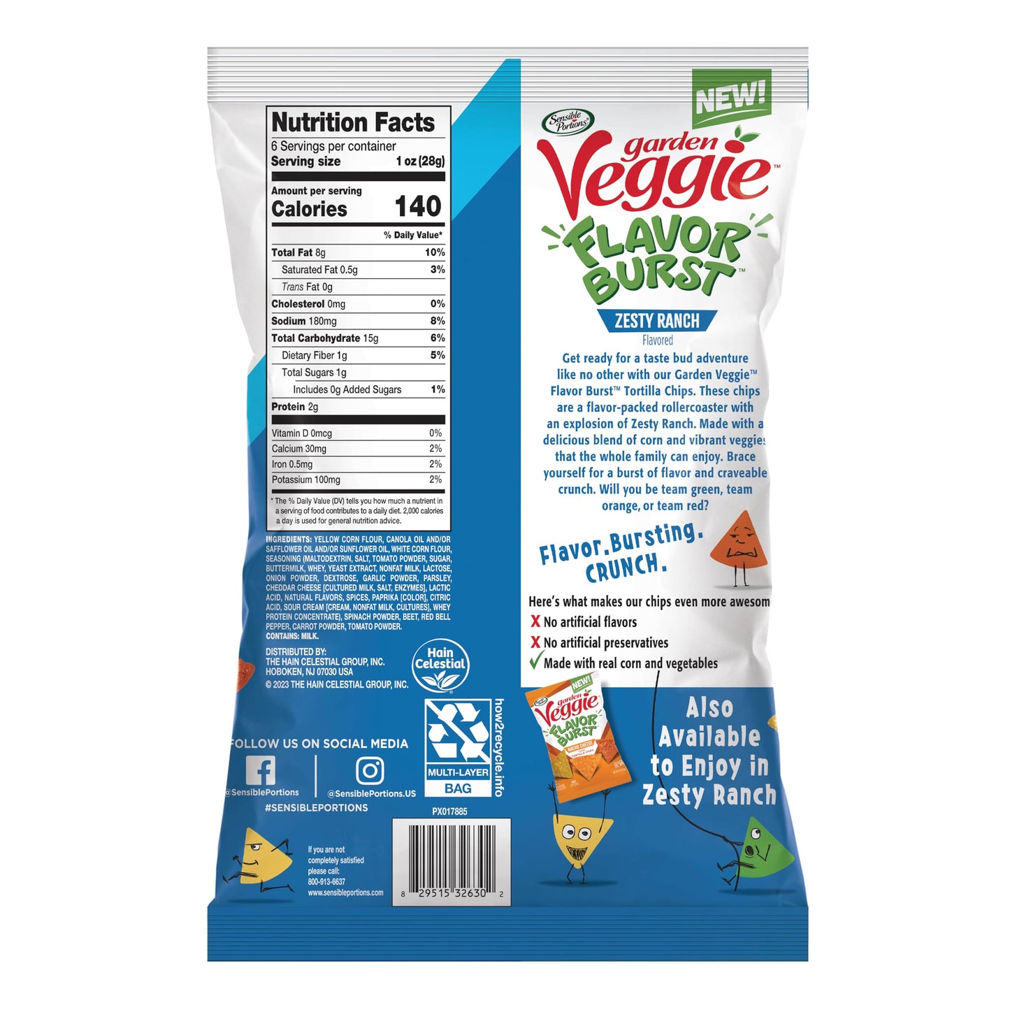 Sensible Portions Garden Veggie Flavor Burst Tortilla Chips, Ranch, 6 Oz (Pack Of 6)