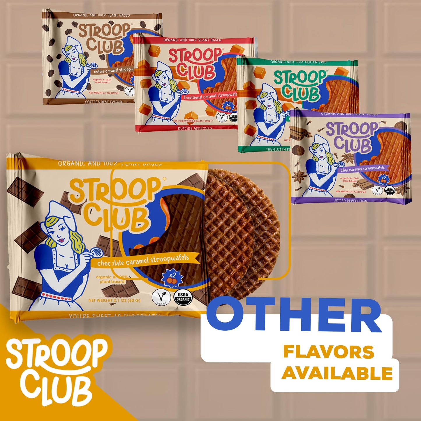 Stroop Club Chocolate Caramel Delights Cookies  Organic Waffles And Plant Based  Vegan Healthy Snacks Stroopwafels - 6 X Pack Of