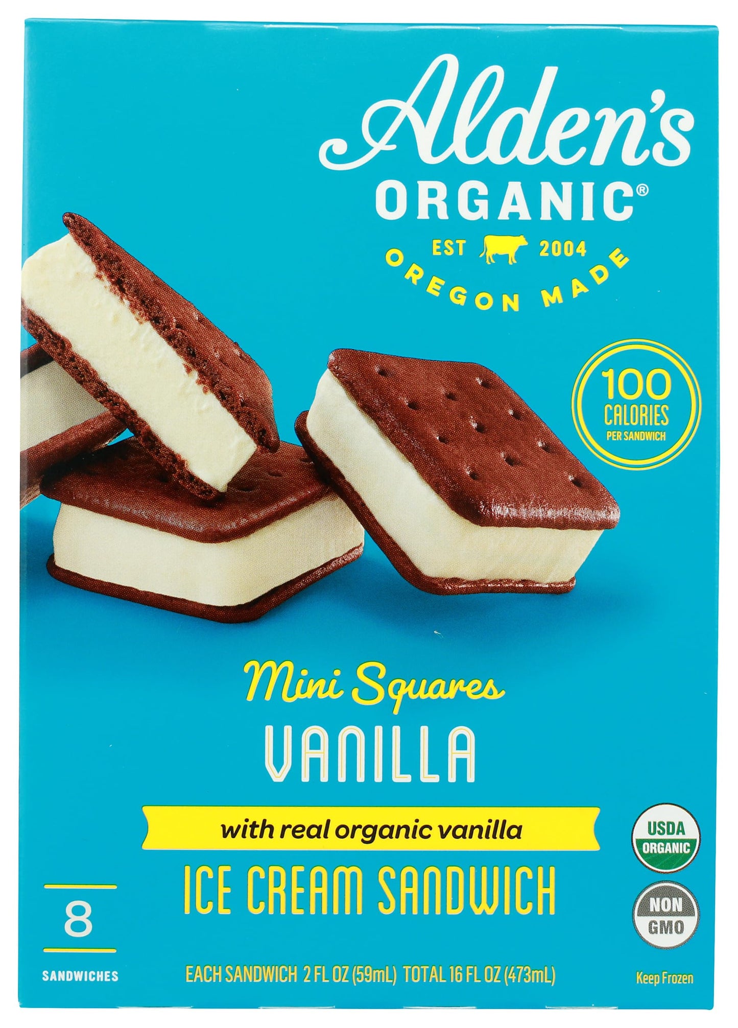 Aldens, Ice Cream Sandwich Vanilla Organic, 8 Count, 16 Fl Oz