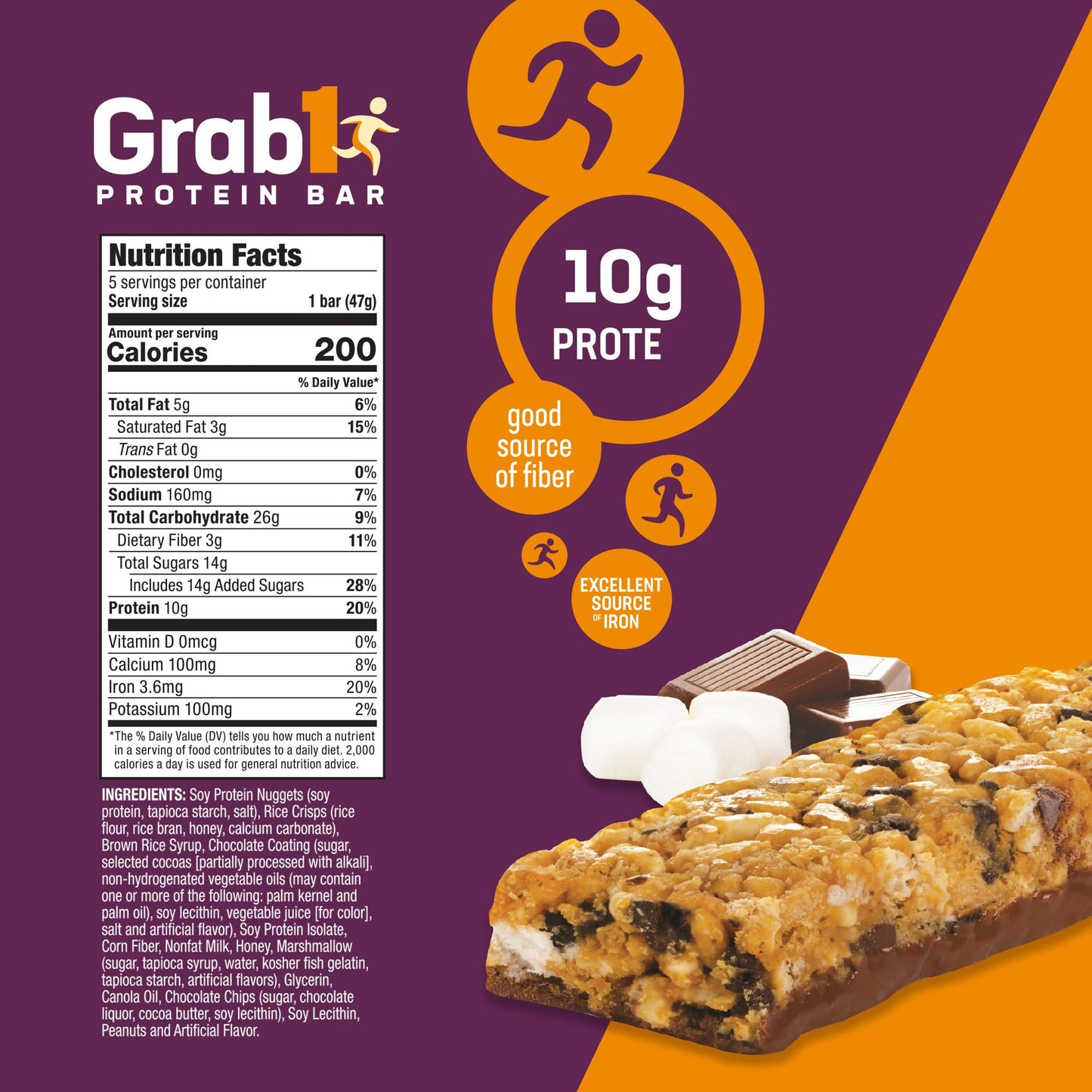 Grab1 Rocky Road Protein Bars | 10 Grams Protein (2 Pack - 10 Bars) Controls Hunger | Certified Kosher | Low Calorie | Perfect For Snacking | Meal Replacement