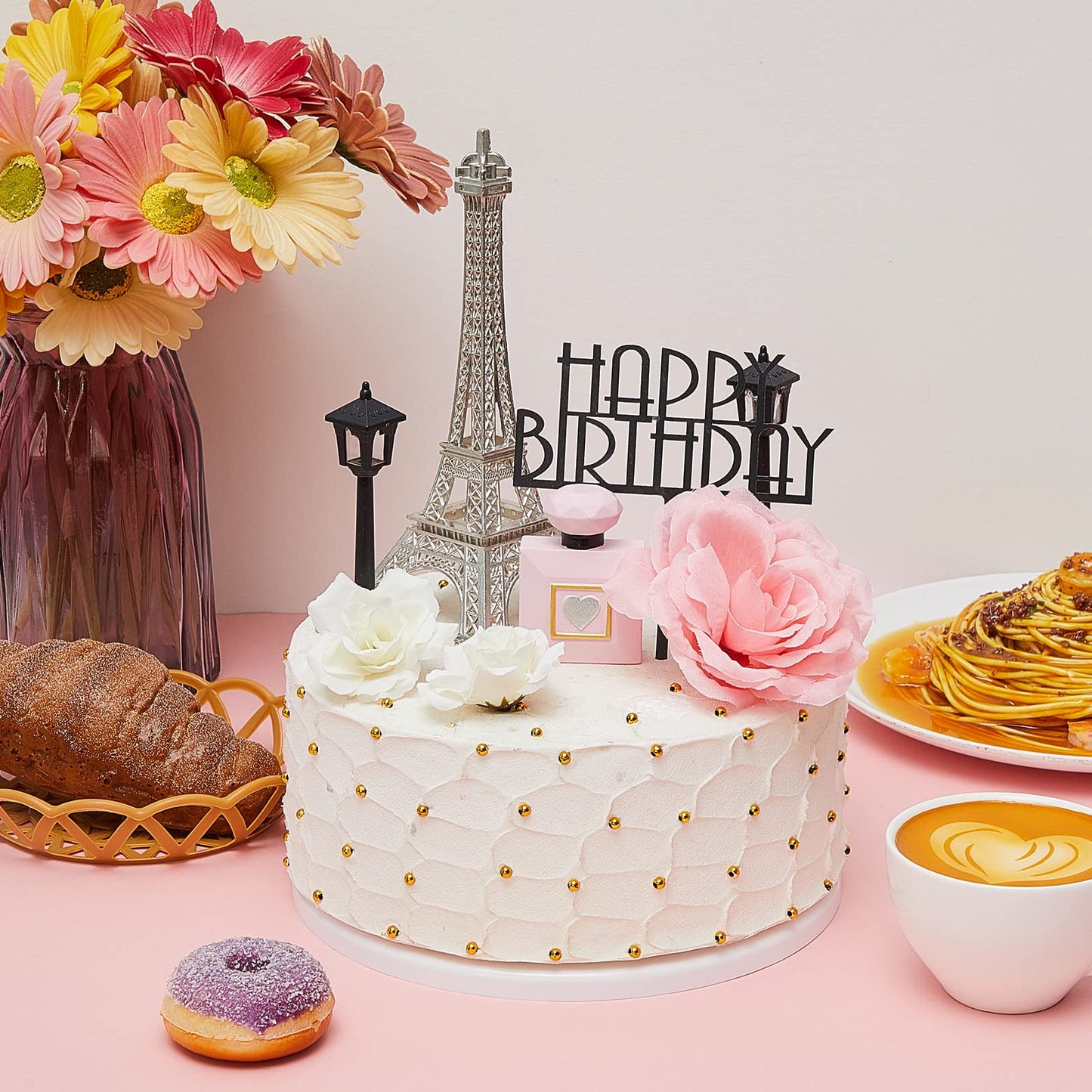 8 Pcs Paris Cake Topper Eiffel Tower Cake Topper With Happy Birthday Cake Topper Street Lamp Rose 7 Inch Eiffel Tower Party Deco