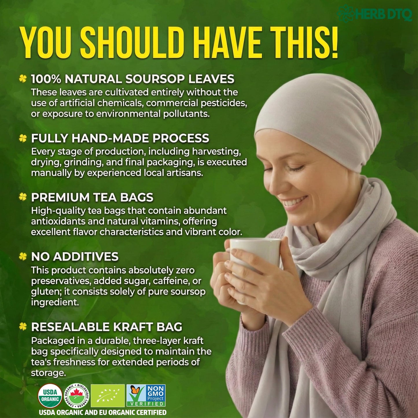 USDA Organic Soursop Leaves Tea Bags  100% ORGANIC and Pure Soursop Graviola Leaves - Hojas De Guanabana Tea - Non-GMO - Caffeine-free - Improve Digestion  Support Healthy Skin & Sleep  Eco-Conscious Corn Fiber Tea Bags. Organic Graviola Tea