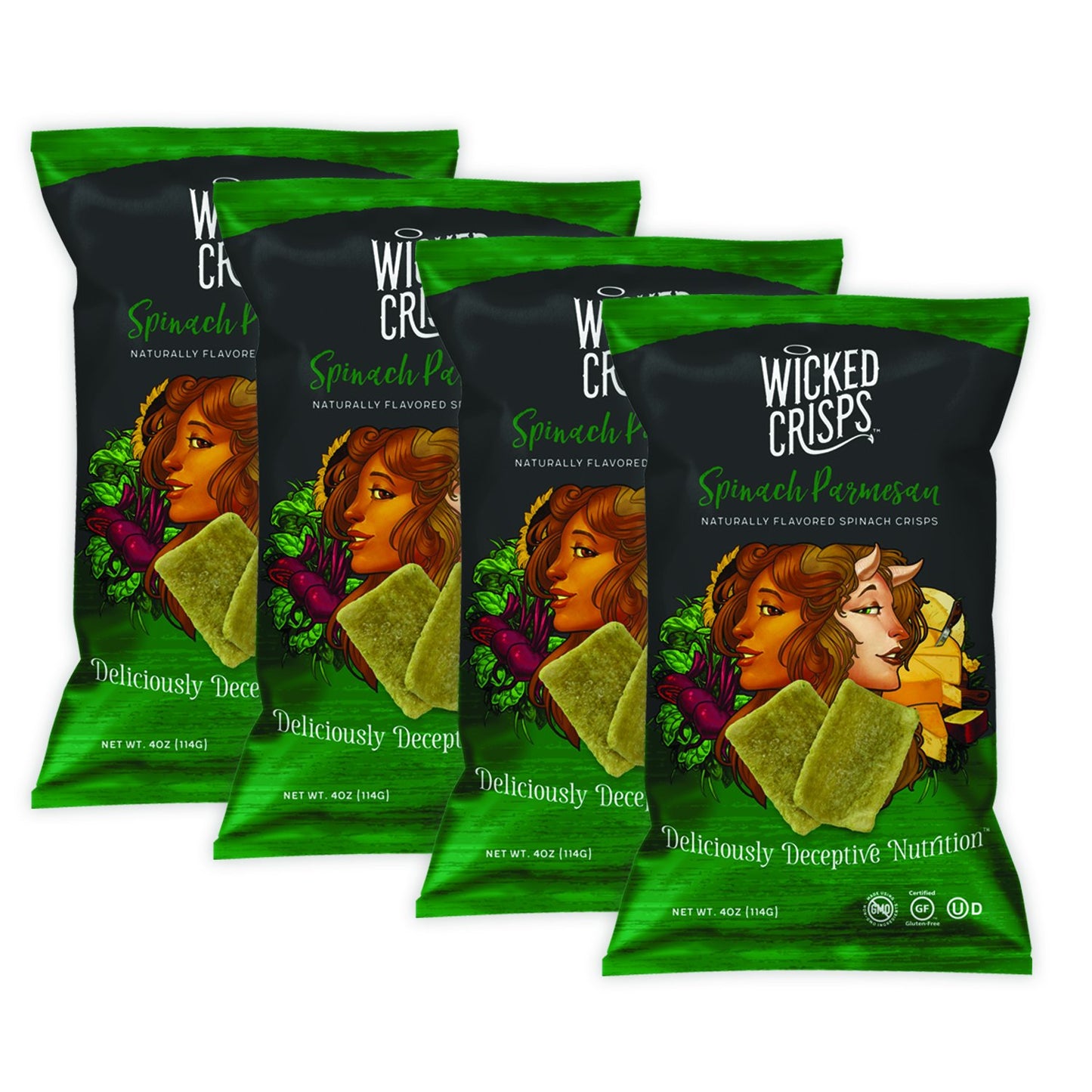 Wicked Crisps Baked Veggie Chips, Spinach & Parmesan, Gluten-Free, Low-Fat, 4oz Bag (Pack of 4)