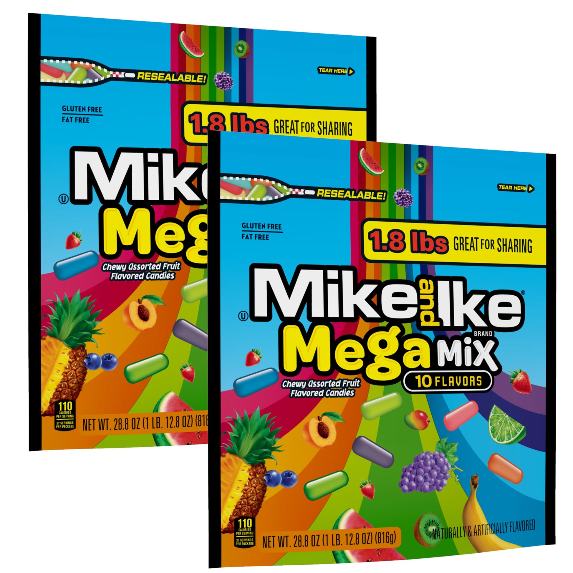 Mega Mix Mike and Ike Candy, 28.8 Ounce Bag (Pack of 2), Chewy Candy, Vending Machine Candy, Gummy Candy Mix