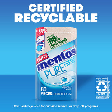 Mentos Pure Fresh Sugar-Free Chewing Gum with Xylitol, Fresh Mint, 80 Pieces, Recyclable Paperboard Bottle, 1 Count