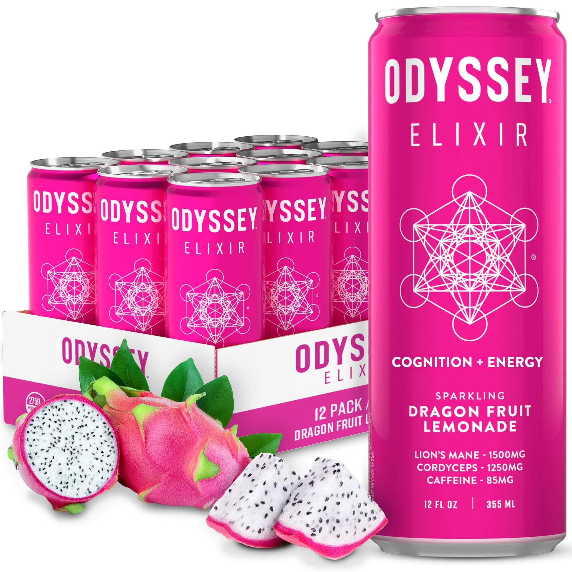 Odyssey Elixir Cognition + Sustainable Energy - LionS Mane  Cordyceps  L Theanine  Flavor Blendseng & 85Mg Green Tea Energy Blend - 0 Added Sugar - No Jitters Or Crash - Blackberry Lemonade - 12 Fl Oz  12 Pack
