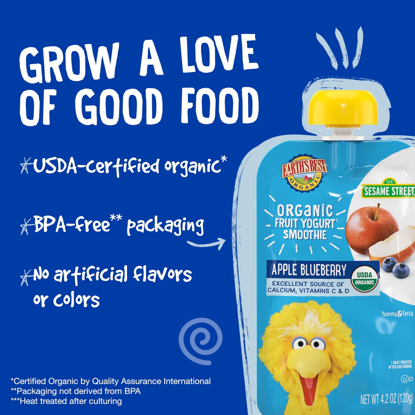 Earths Best Organic Yogurt Smoothie Pouches, 24+ Months, Fruit Yogurt Smoothie For Toddlers 24 Months And Up, Apple Blueberry, 4.2 Ounce Resealable Pouch (Pack Of 12)