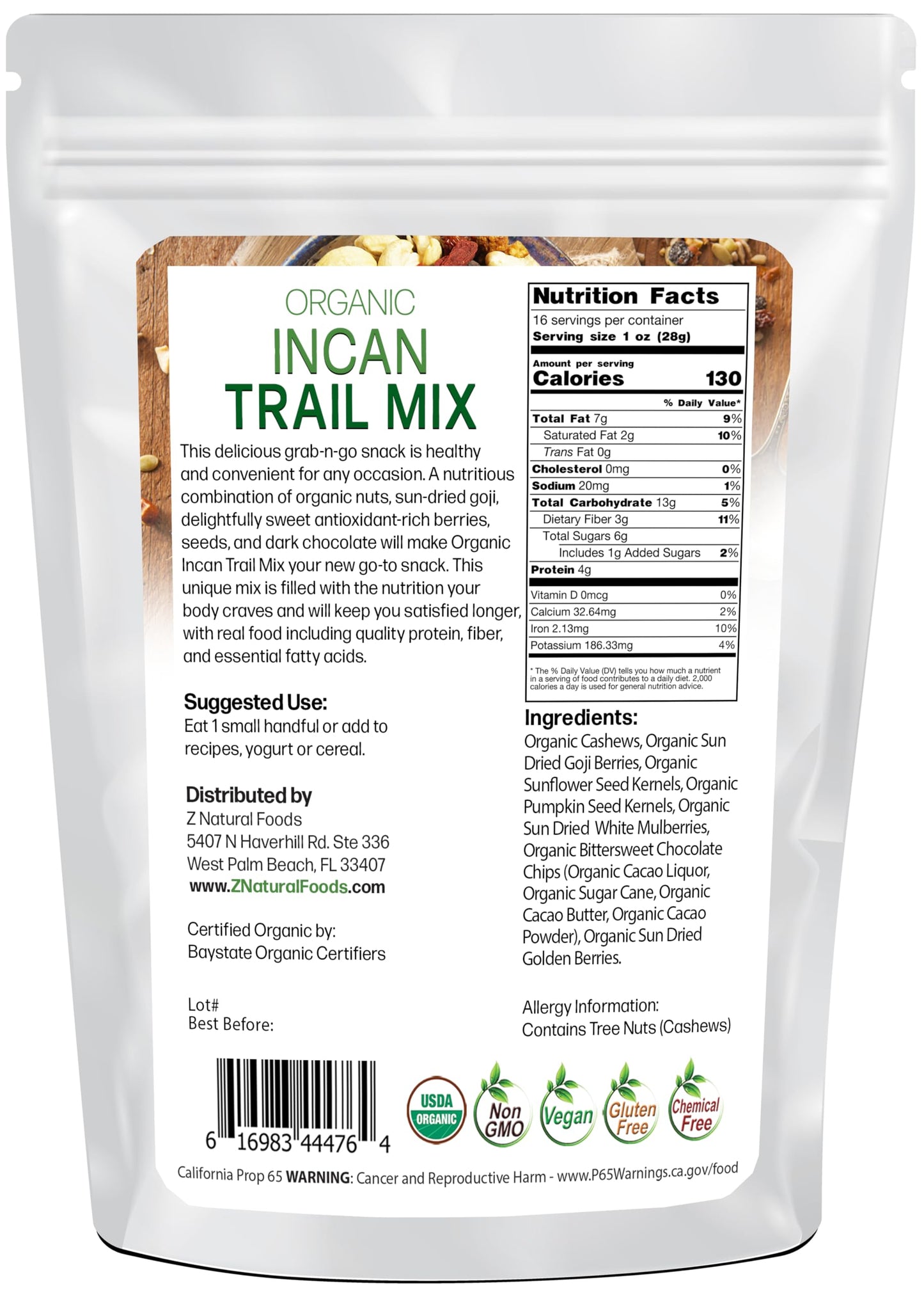 Organic Incan Trail Mix - Raw Superfood Snack - Cashews + Sunflower Seeds + Dark Chocolate Chips + Pumpkin Seeds + White Mulberr