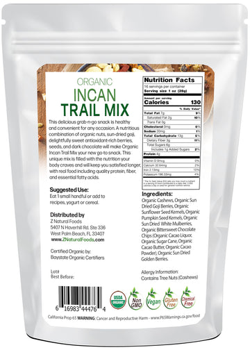 Organic Incan Trail Mix - Raw Superfood Snack - Cashews + Sunflower Seeds + Dark Chocolate Chips + Pumpkin Seeds + White Mulberr