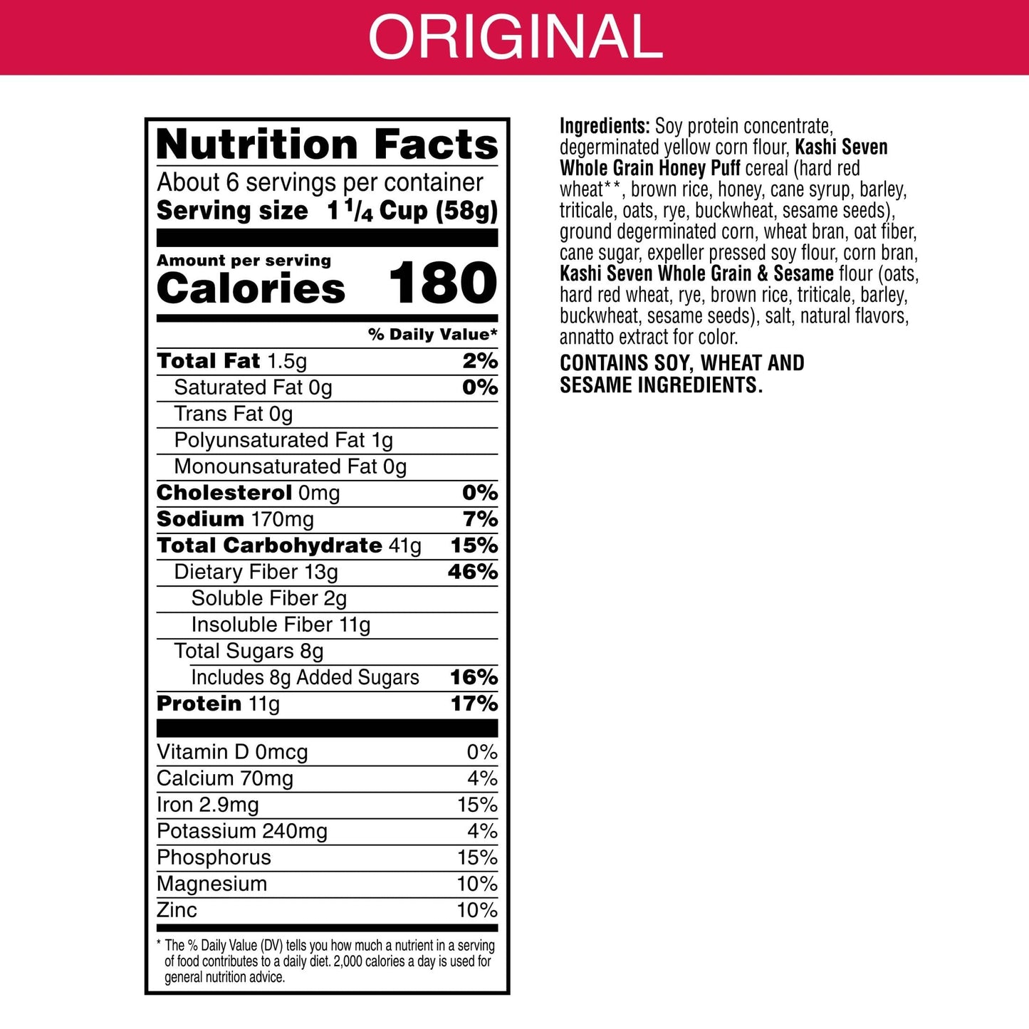 Kashi GO Breakfast Cereal, Vegetarian Protein, Fiber Cereal, Original, 13.1oz Box (1 Box)