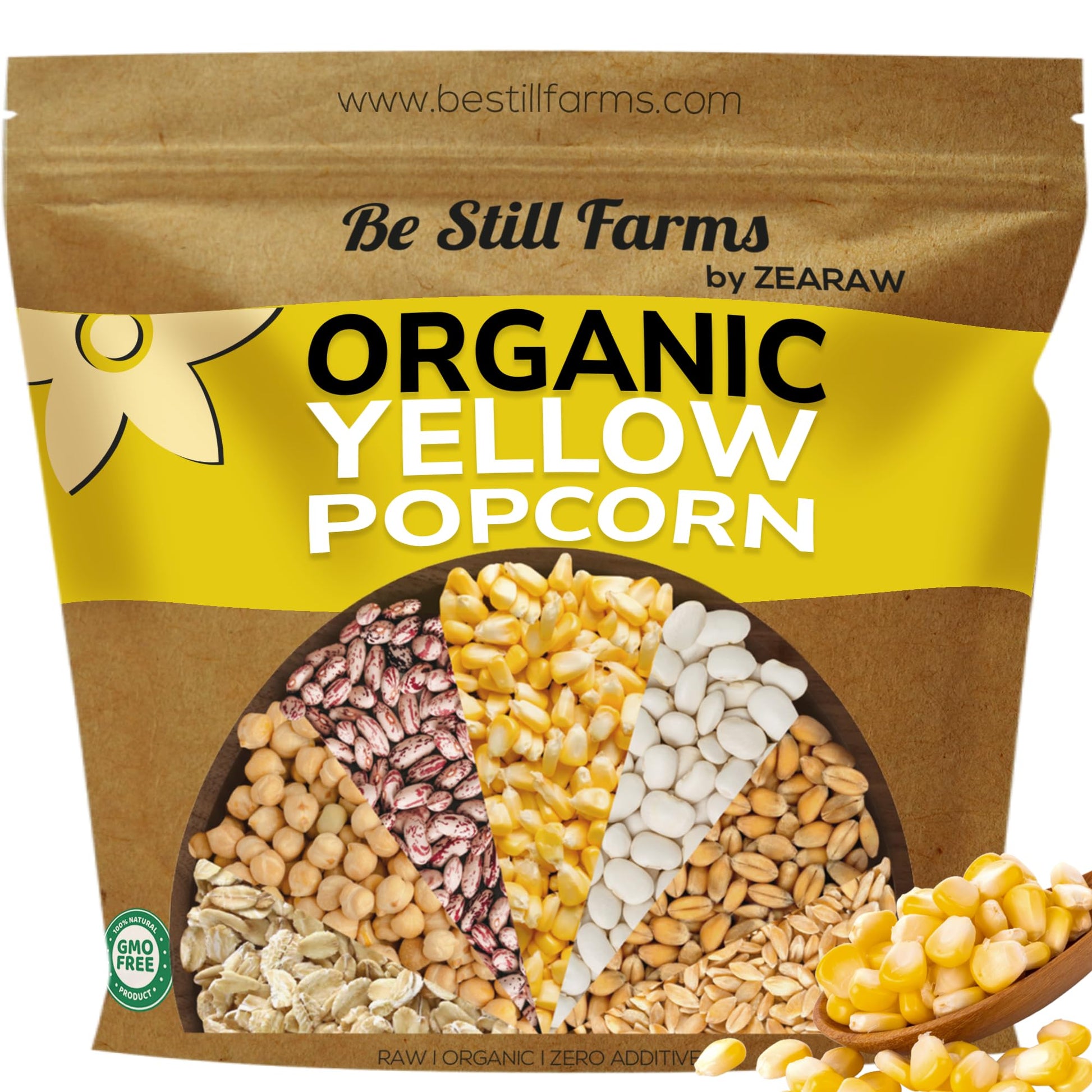 Be Still Farms Yellow Organic Popcorn Kernels - Hulless, Non-GMO, Vegan, 2.8 lb, USA Grown