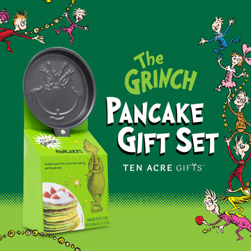 Ten Acre Gifts Dr Seuss The Grinch Pancake Mix and Pan Gift Set, Easy Instant Baking Mix with Round Frying Pan and Green Food Co