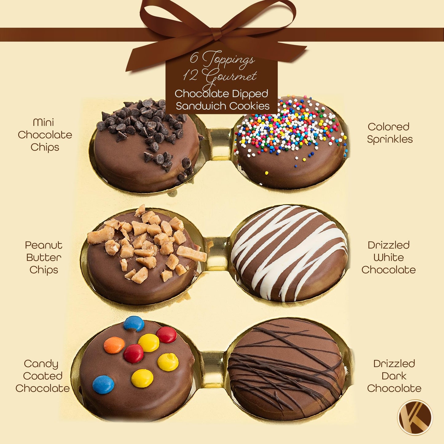 Nut Cravings KREMERY Chocolate Covered Sandwich Cookies Gift Basket - 12 Count - Assorted Candy Toppings - Kosher Dairy