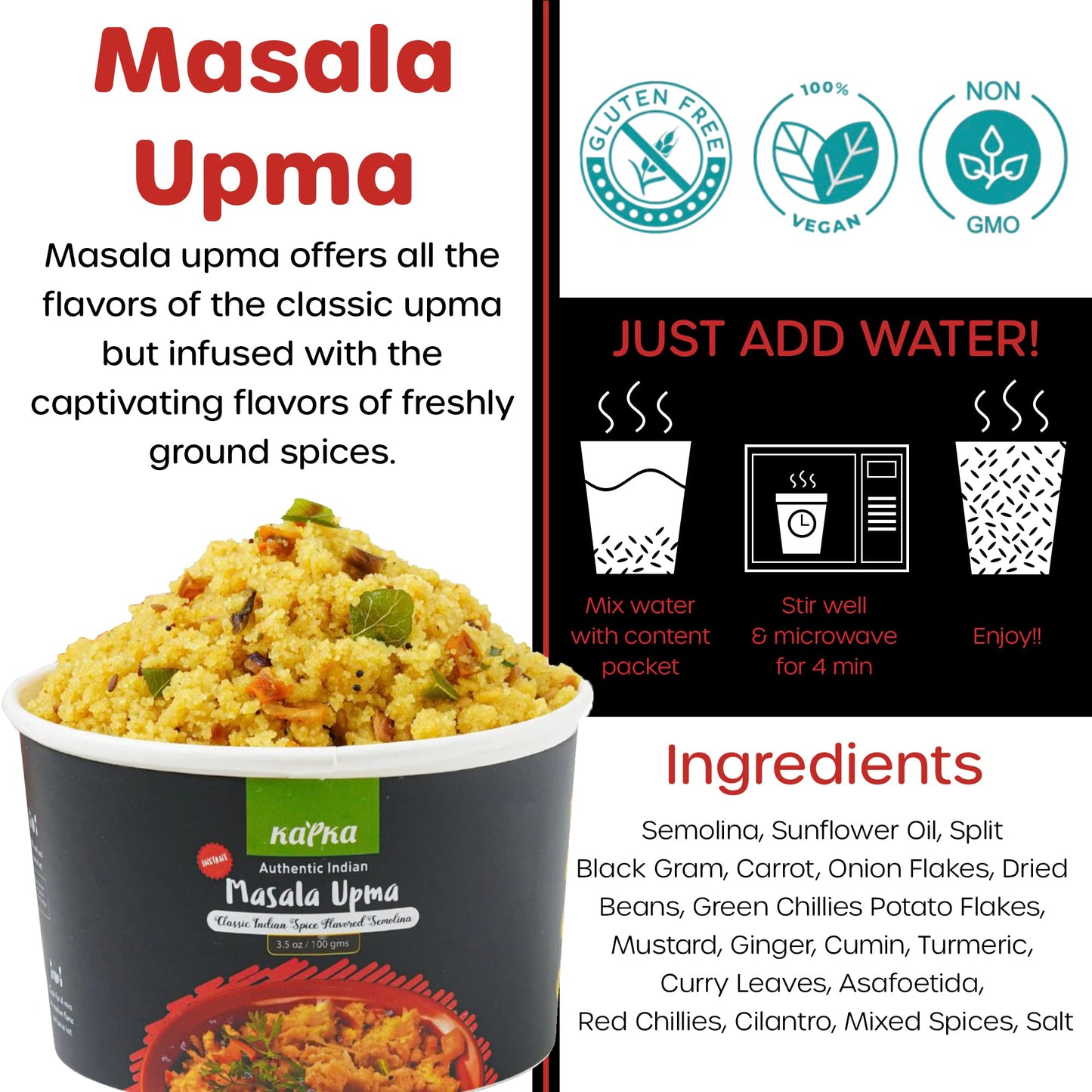 KAPKA Masala Upma Cups - Vegan Ready to Eat Indian Food - 5 Pack - 3.5oz/100g - Microwavable Meals - Non-GMO