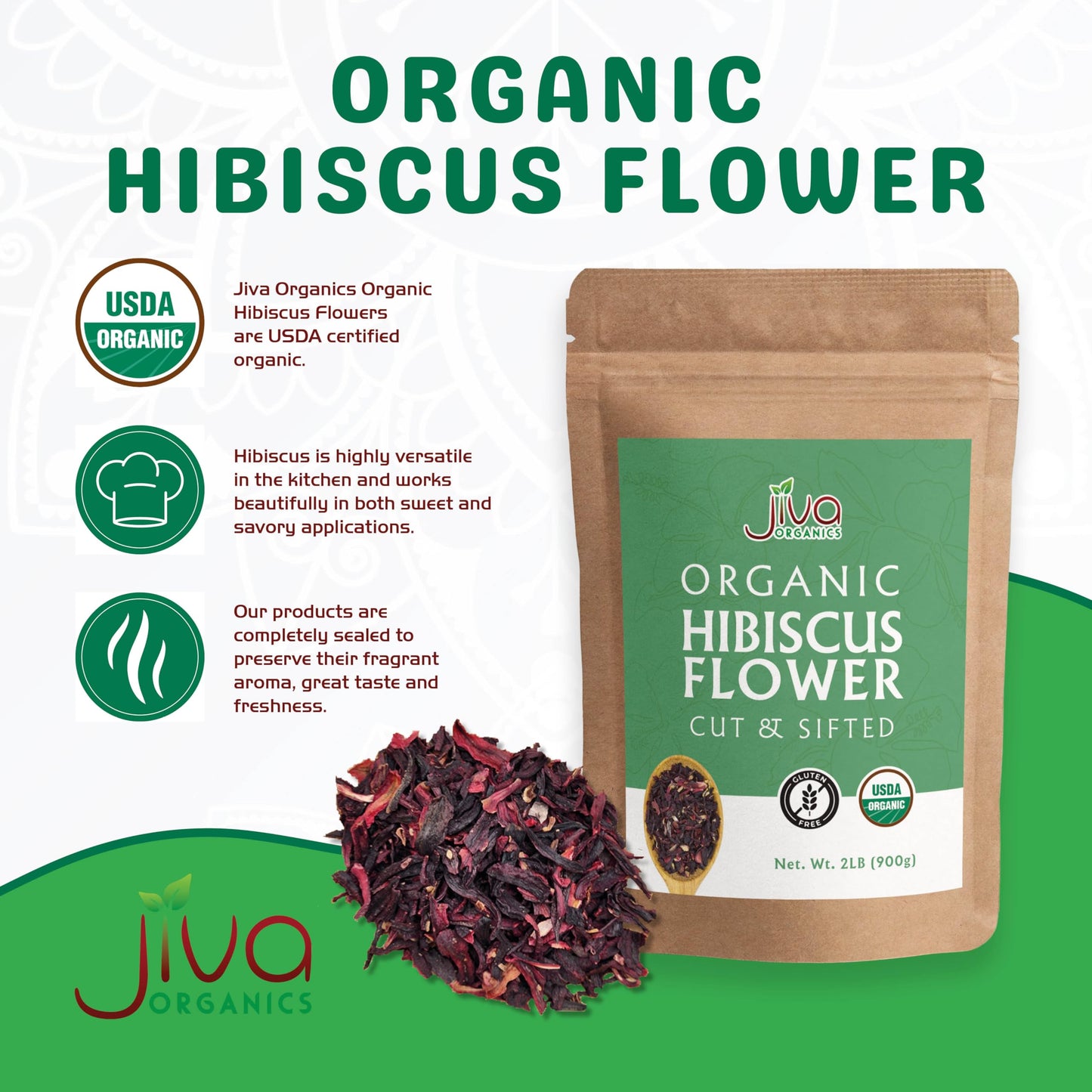 Jiva Organics Organic Hibiscus Flowers - 100% Pure, Gluten Free, Non GMO, Caffeine Free, 2 LB Jumbo Bulk Bag