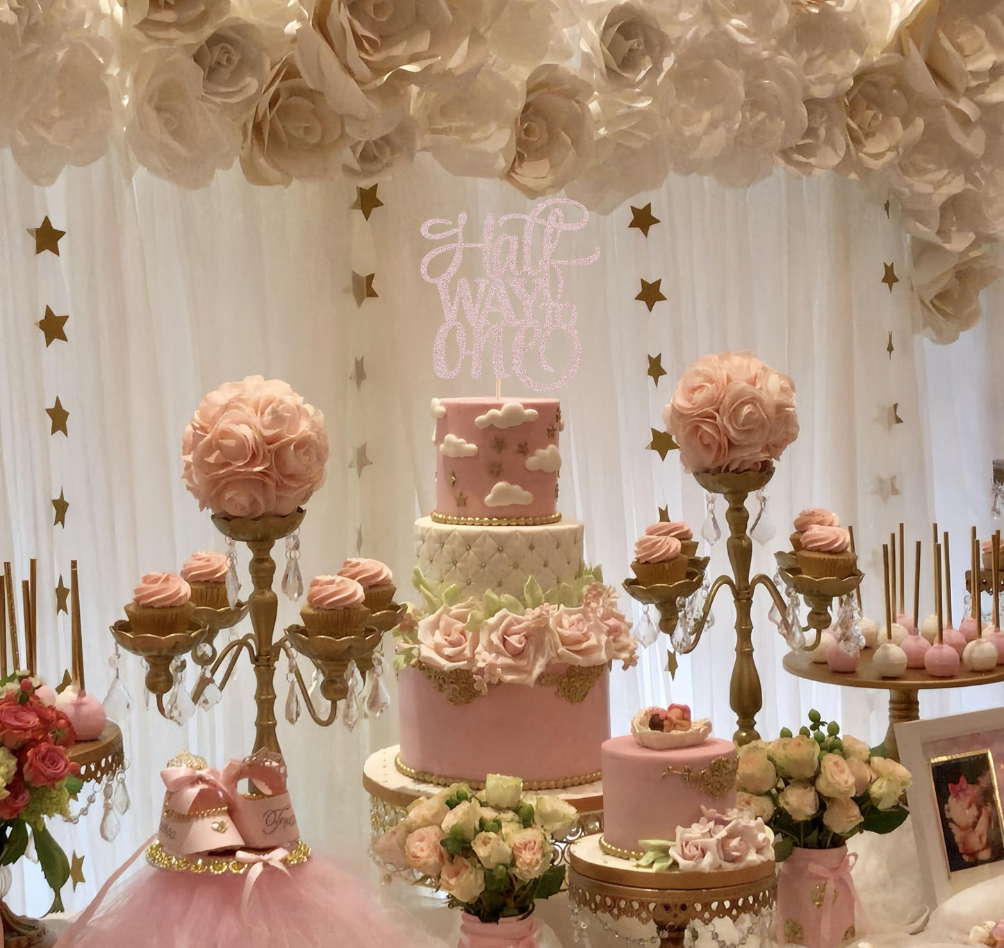 Ahaoray Half Way To One Cake Topper - Rose Gold Glitter 6 Months Birthday Decorations Supplies - Half Birthday Decorations Baby