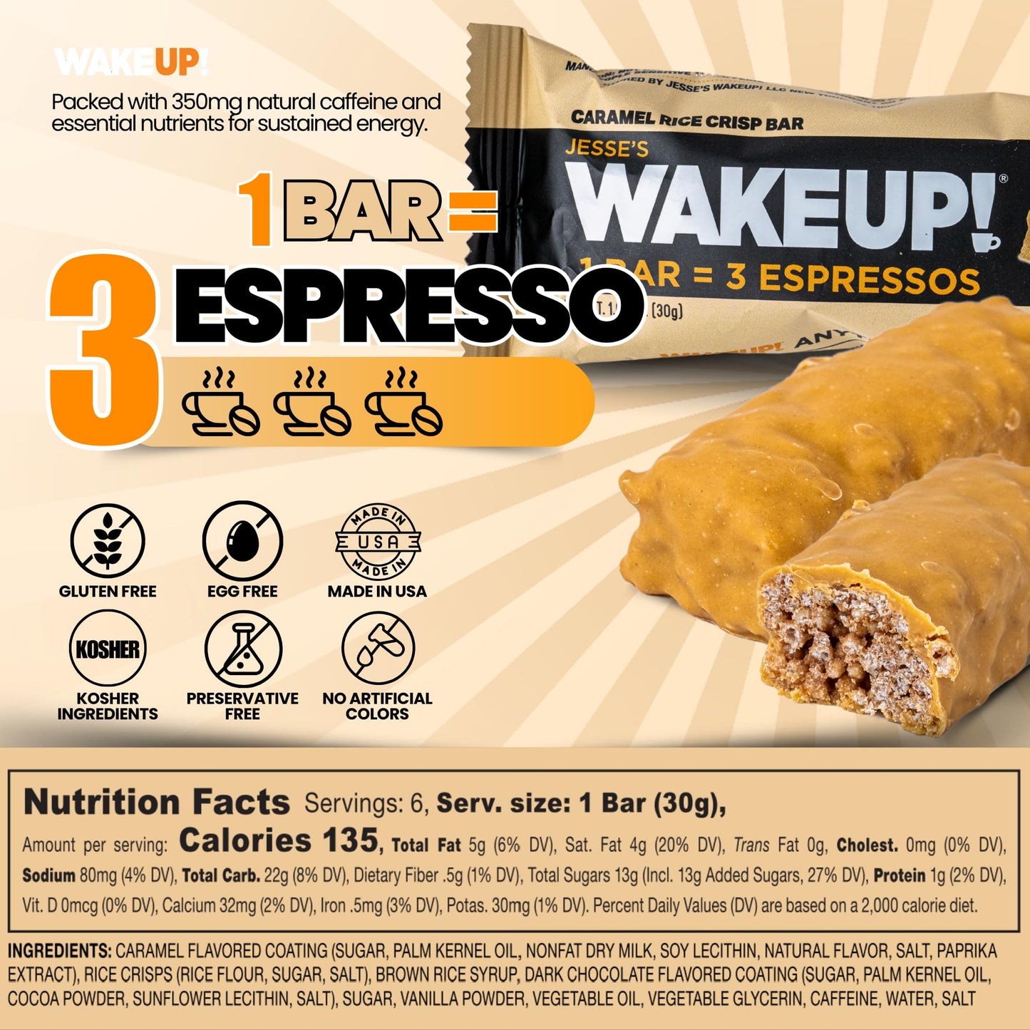 Jesses WakeUP! Caramel Protein Bars - 350mg Caffeine, Gluten-Free, 6 Pack