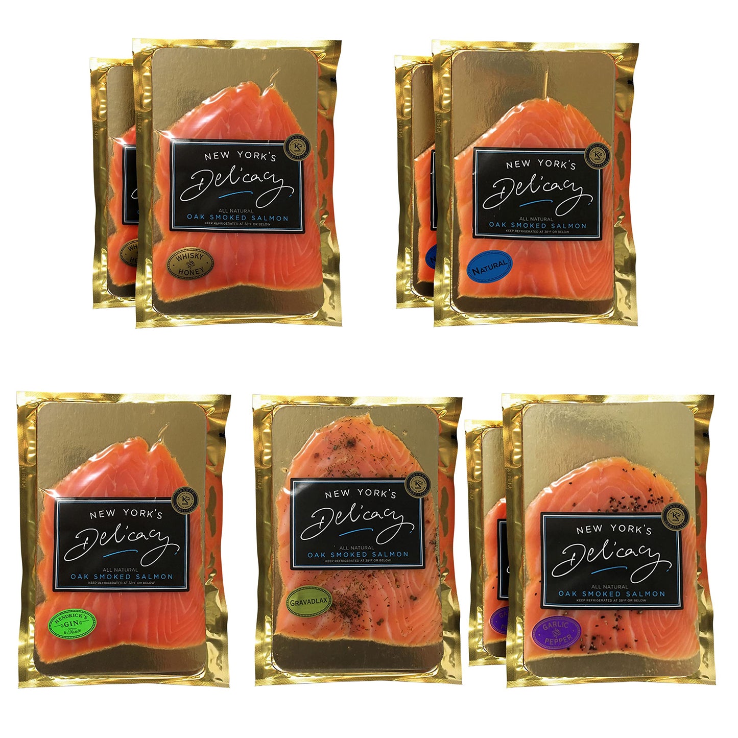New Yorks Delicacy Smoked Salmon Combo - Assorted 8 x 4 Oz. Packs - Kosher, Gluten Free, High in Omega 3