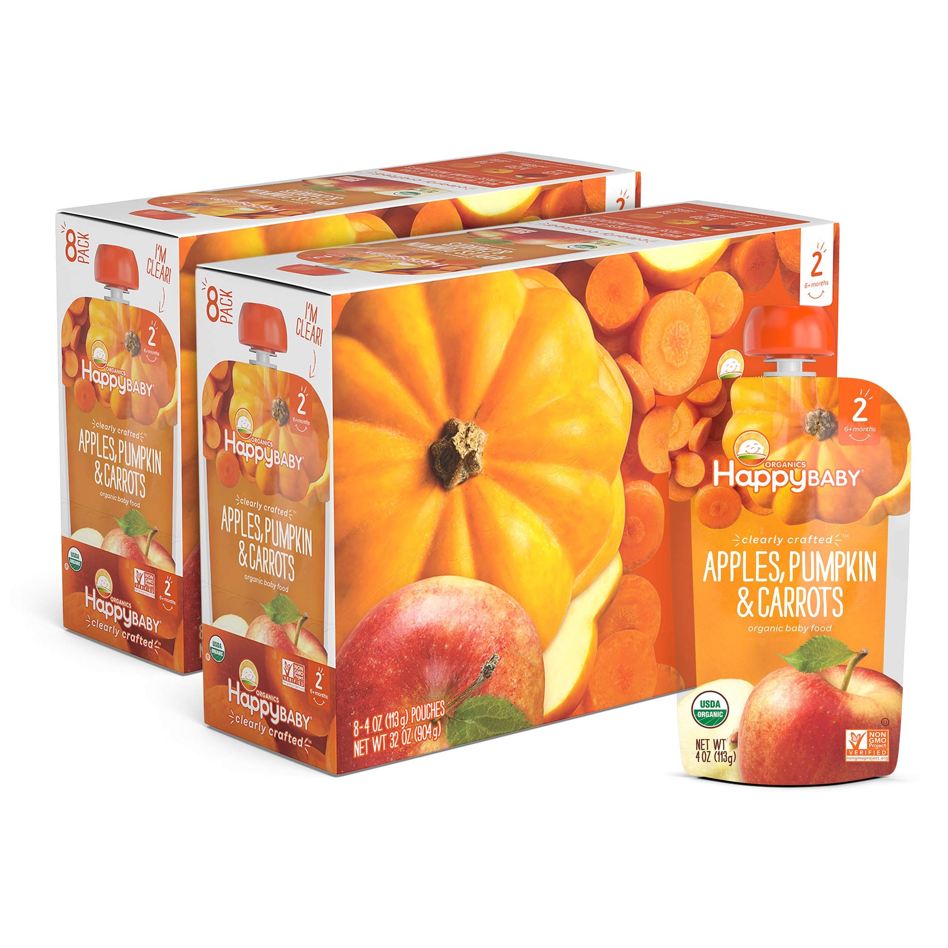 Happy Baby Organics Clearly Crafted Stage 2 Baby Food Apples, Pumpkin & Carrots, 4 Ounce Pouch (Pack Of 16)