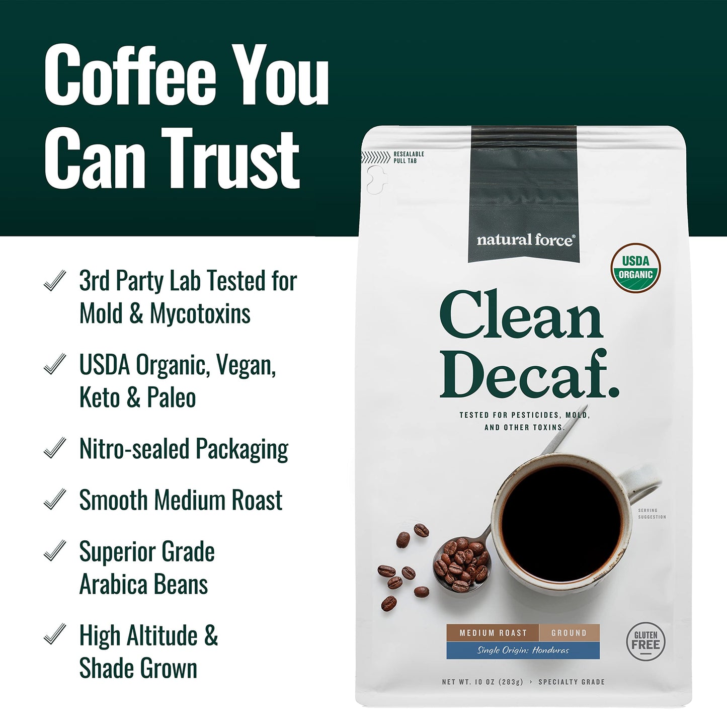 Natural Force - Organic Clean Decaf Coffee  Mold & Mycotoxin Free  Lab Tested for Toxins & Purity  Low Acidity  Incredible Taste & Aroma  Ground Swiss Water Decaf Medium Roast  10 oz