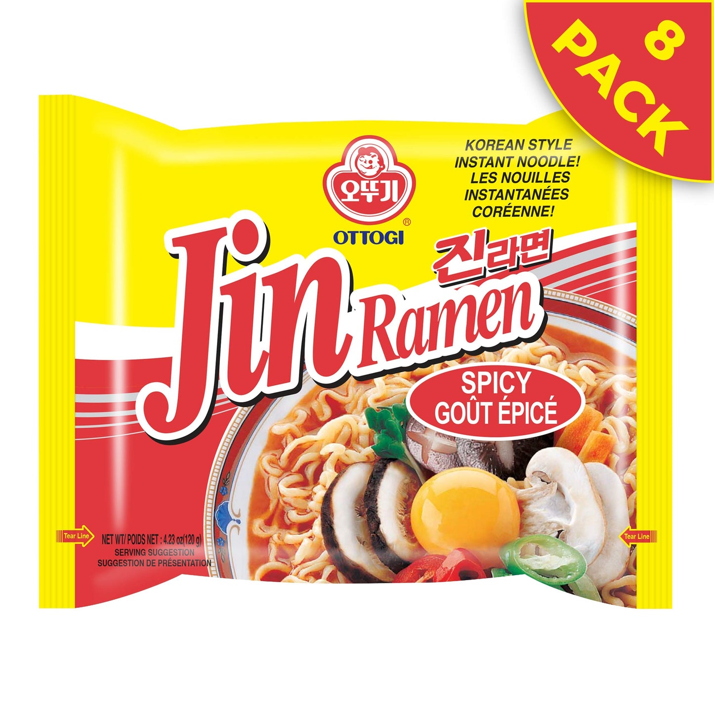 OTTOGI Jin Ramen Spicy, Korean Style Instant Noodle, Best Tasting Soup Traditional Instant Ramen 4.23oz x 8 Pack