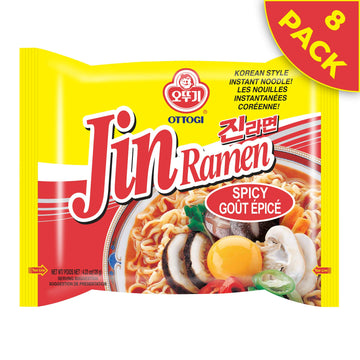 OTTOGI Jin Ramen Spicy, Korean Style Instant Noodle, Best Tasting Soup Traditional Instant Ramen 4.23oz x 8 Pack